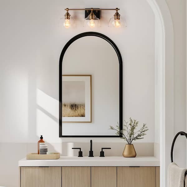 LNC 24.5in 3-Light Vanity Light Black Brass Bell Glass Bathroom Fixture