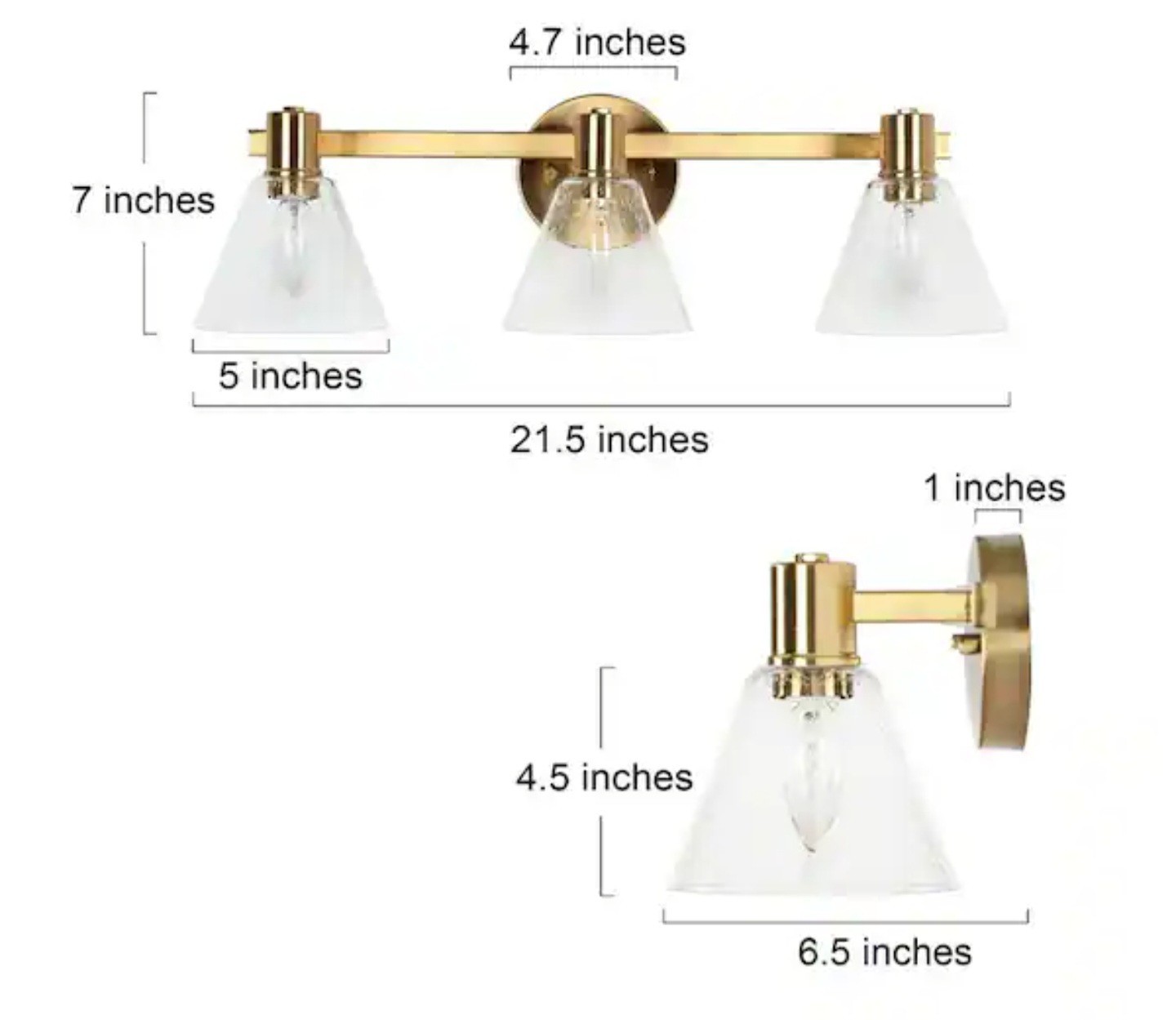 Modern 21.5in W 3Light Plated Natural Brass Vanity Light Bell Clear Seeded Glass