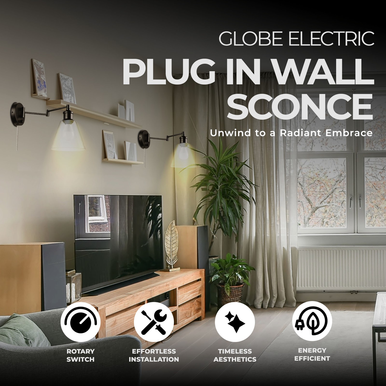 Globe Electric 10W LED Plug In Wall Sconce Clear Glass Shade & 6′ Cord(Open Box)