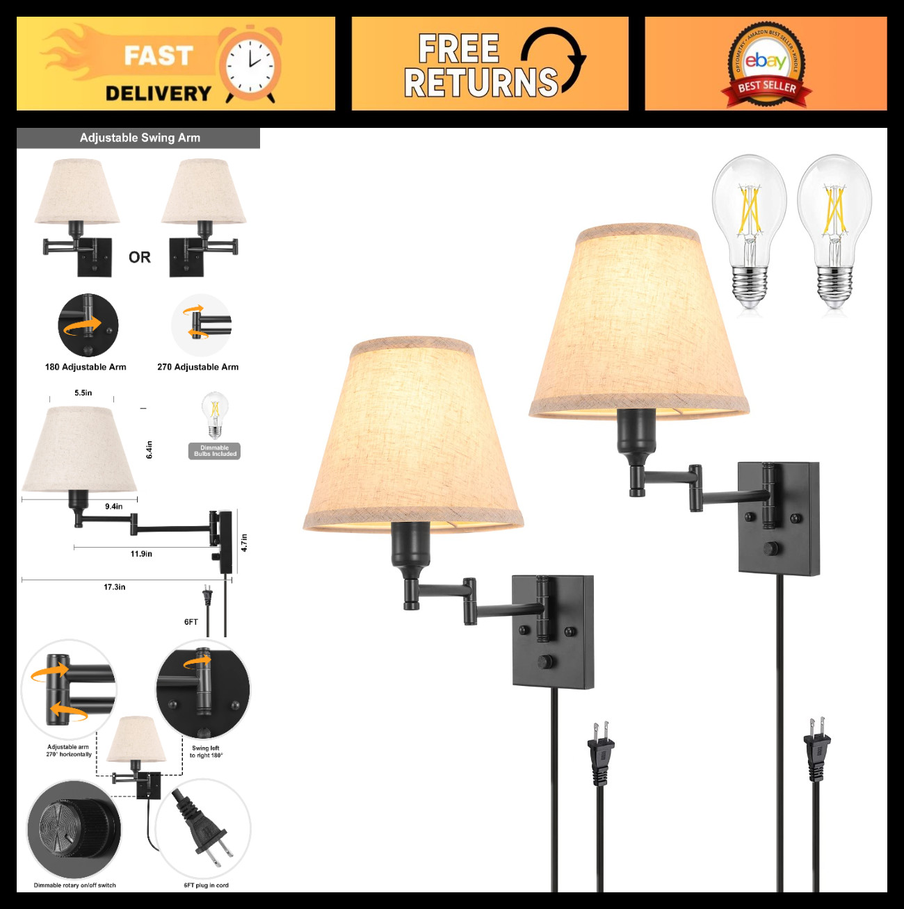 Dimmable Wall Sconces Set of 2, Swing Arm Plug-in Lights with Rotary Dimmer, Bei