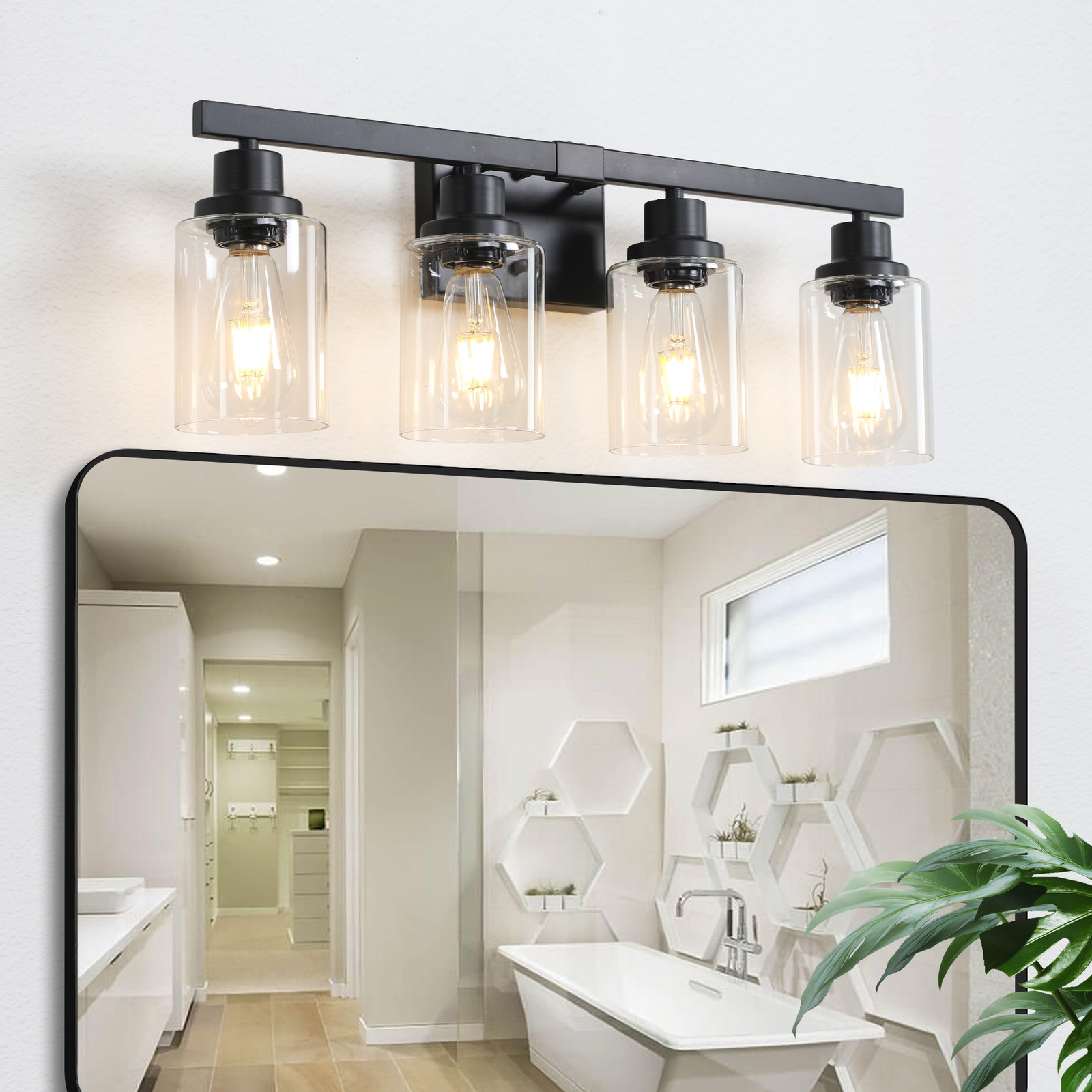 24″ Bathroom Mirror Vanity Light Modern Black 4 Lights Glass Wall Sconce Fixture