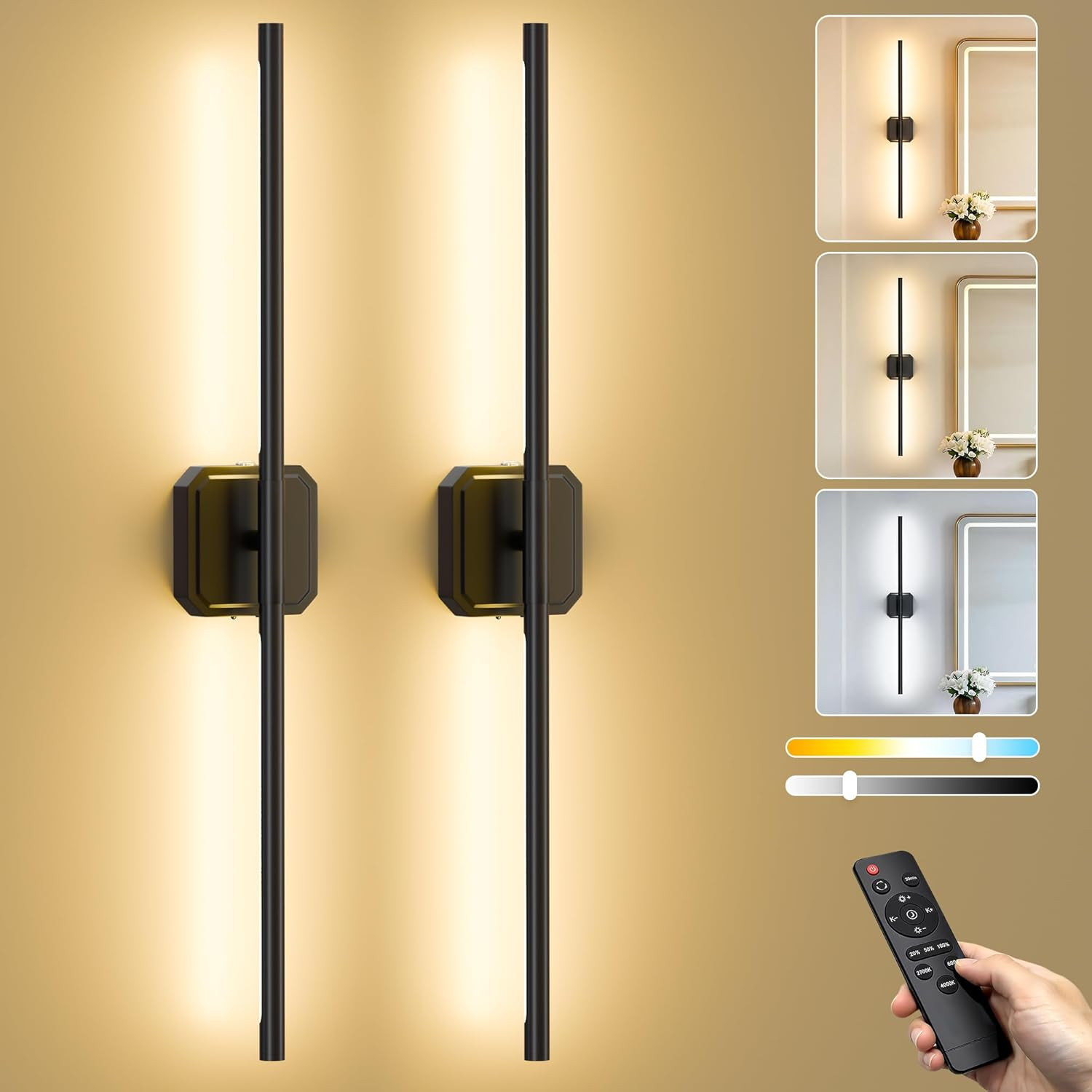 Battery Operated Wall Sconces Set of Two, Wireless Wall Lights Touch & Remote Co