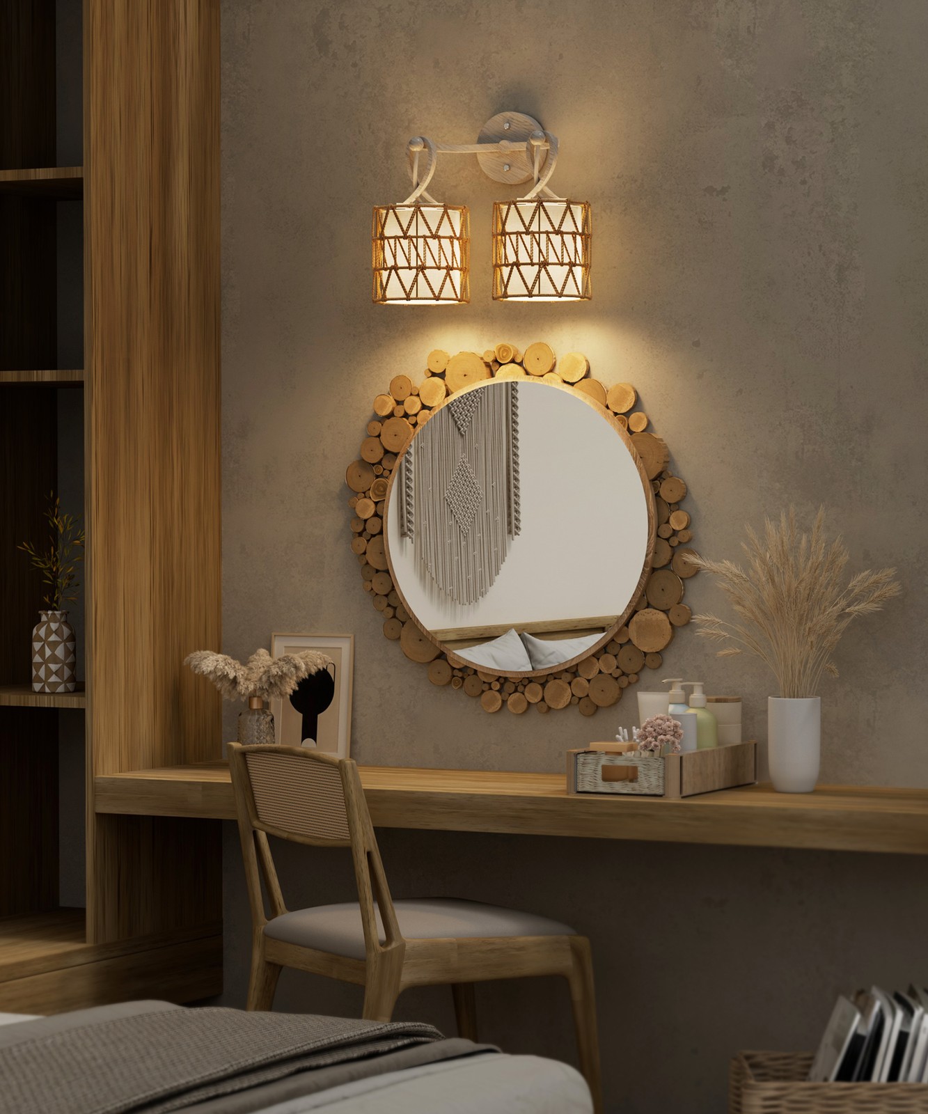 2-Lights Front Mirror Light Hardwired Wall Sconce Rattan LED Wall Lamp Indoor