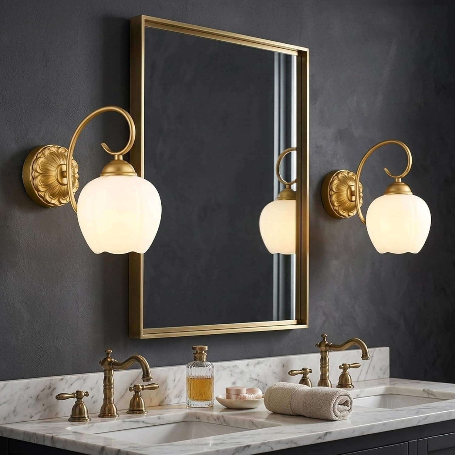 Gold Wall Sconces Set of 2, Vintage Bathroom Wall Sconces with Milky White Glass