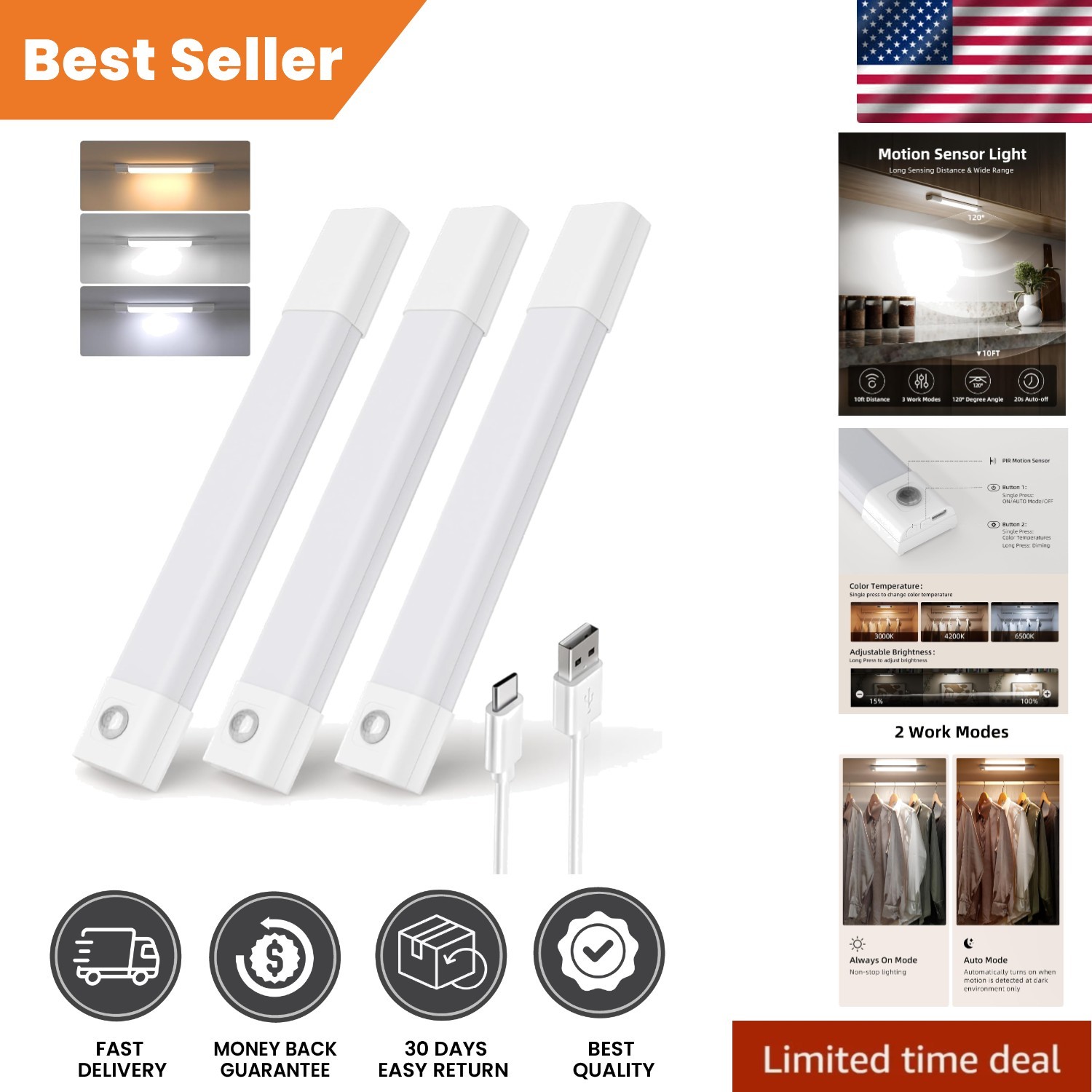 Smart Magnetic Under Cabinet Lighting with Rechargeable Motion Sensor – 3 Pack