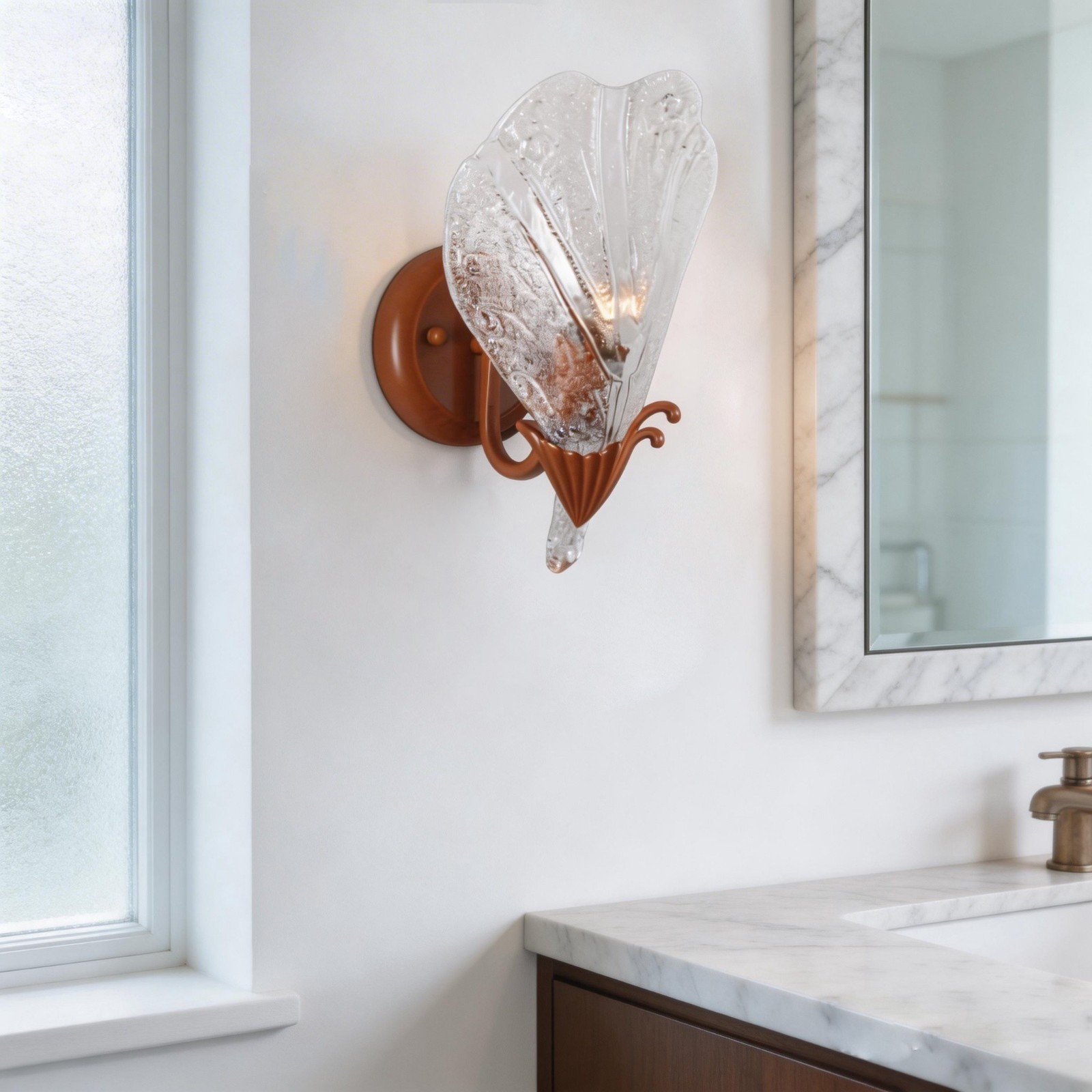 1-Light Art Deco Wall Sconce With Frosted Glass Flower Shade Light Wood Finish