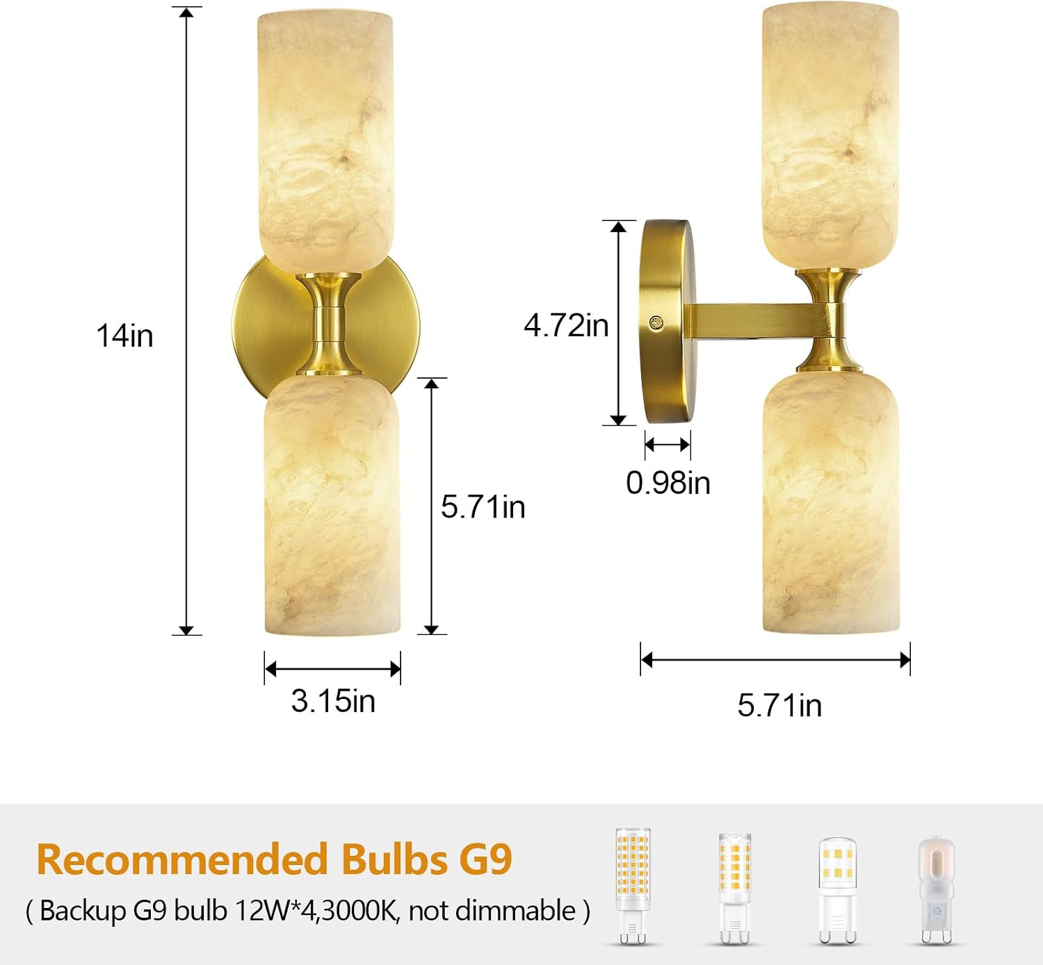 Natural Alabaster Wall Sconces Set of Two Modern Black Wall Lamp14In Milky White