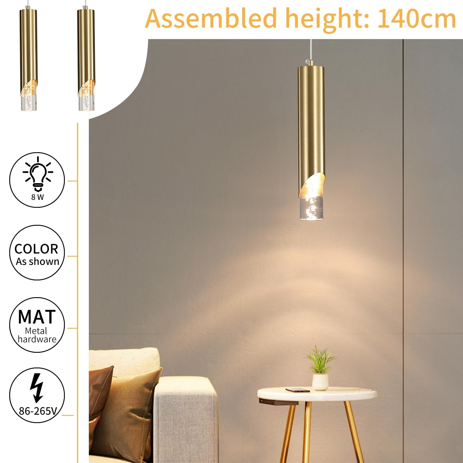 2 Pack Modern Gold Pendant Light Fixture, Acrylic Bubble Cylinder Hanging Lig…