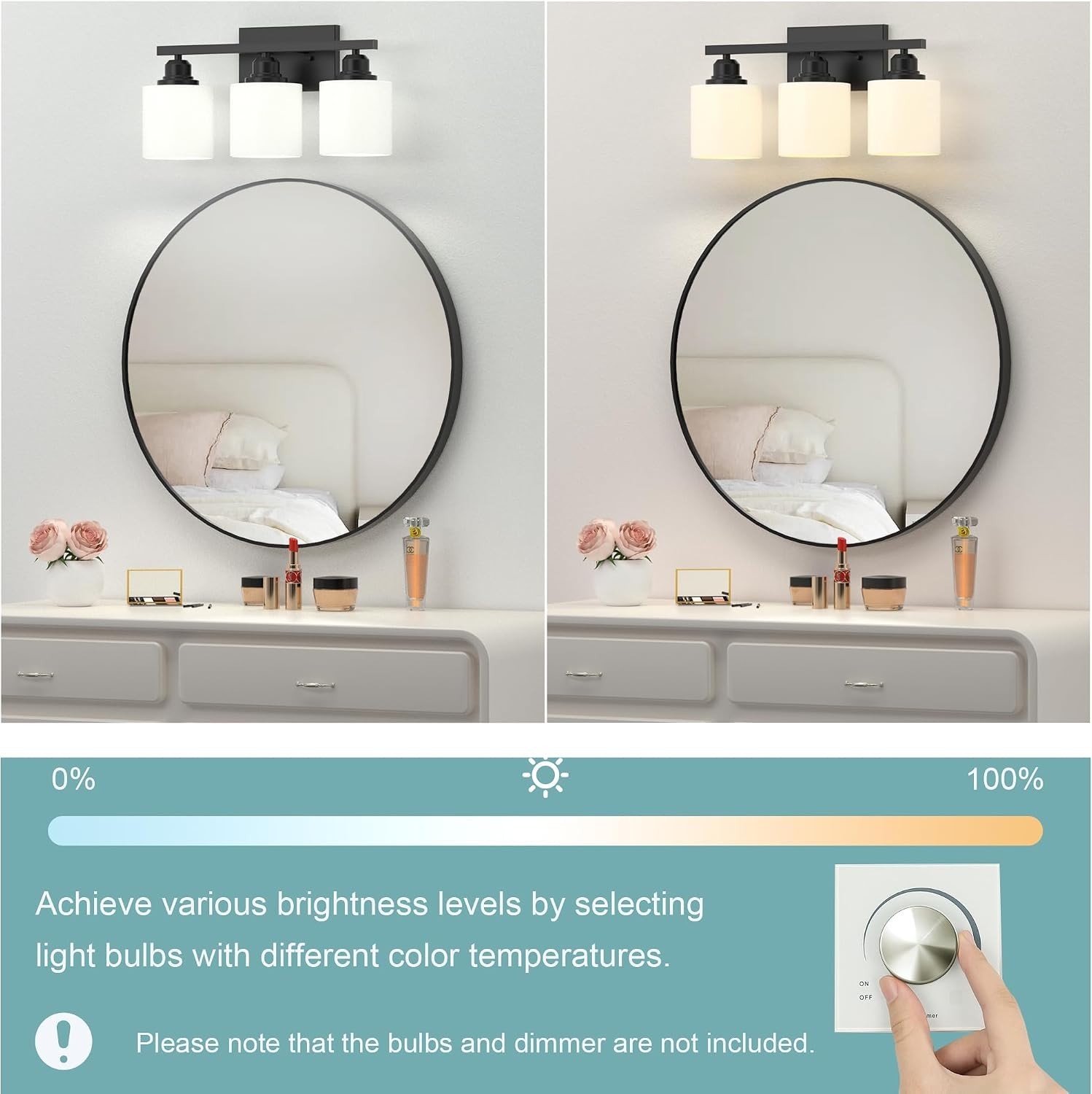 Sailstar Matte Black 3-Light Modern Simple Frosted Milk Glass Shades Bath Vanity