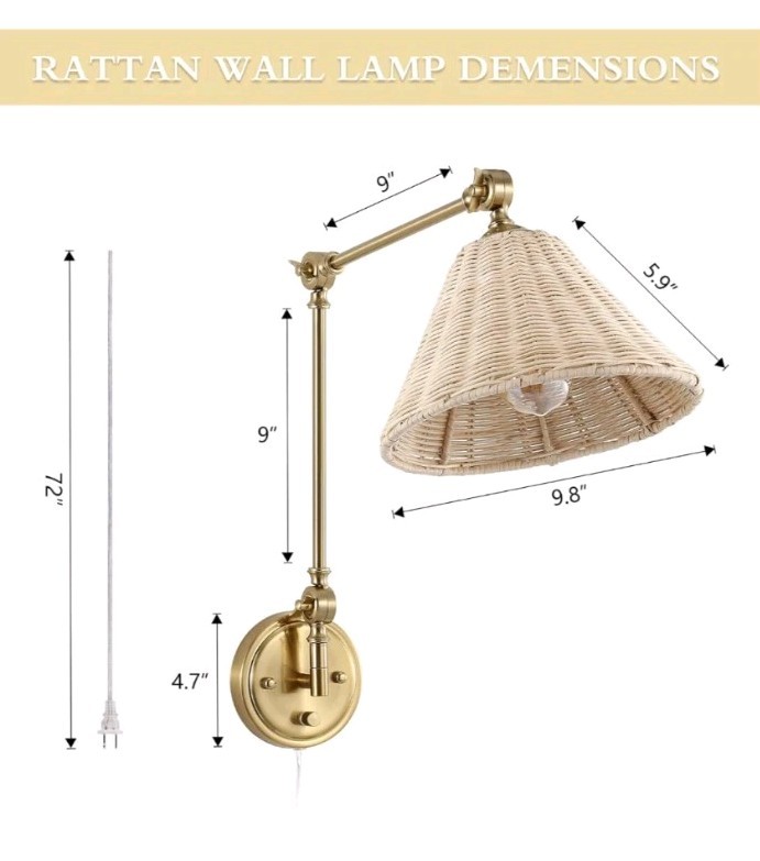 WINGBO Wall Sconce Rattan Wrapped Wall Lamp, Adjustable Swing Arm