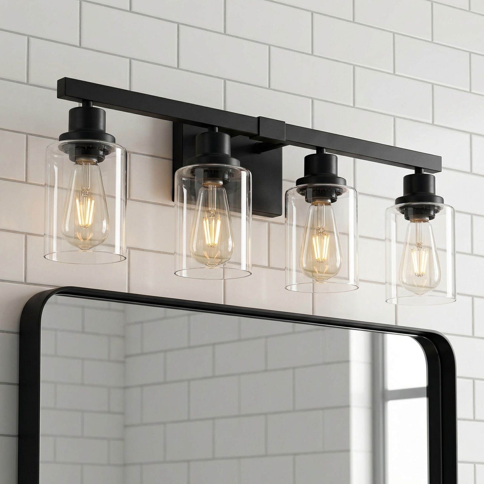 24″ Bathroom Mirror Vanity Light Modern Black 4 Lights Glass Wall Sconce Fixture