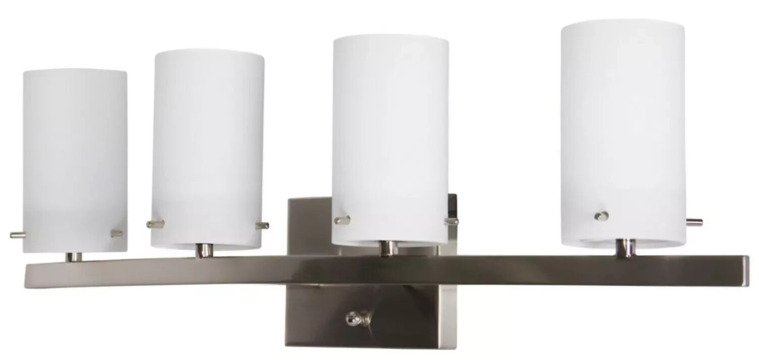 SUNSET 4-LAMP 27.5″ VANITY WALL LIGHT FIXTURE SATIN NICKEL & OPAL GLASS F2534-80