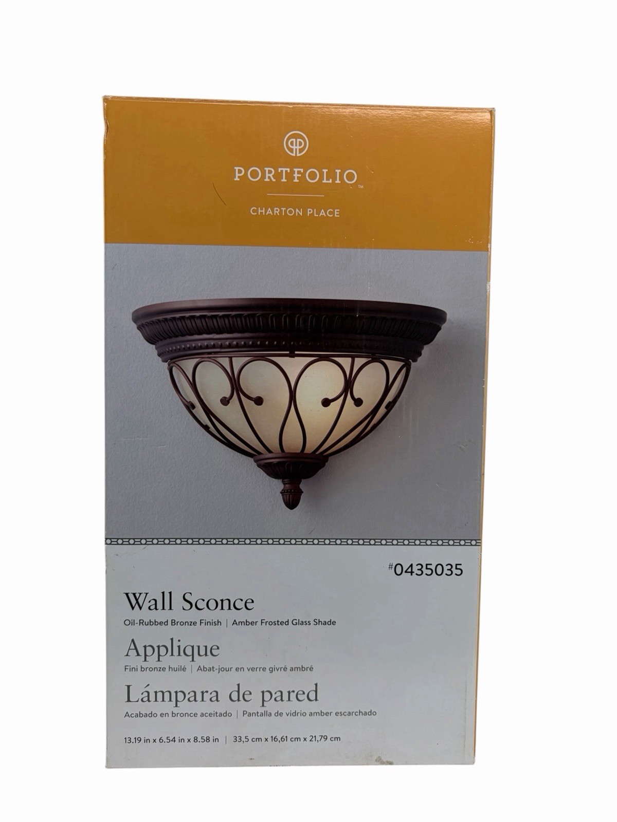 Wall Sconce Portfolio Charton Place 13.19” x 8.58” Oil Rubbed Bronze-Amber Glass