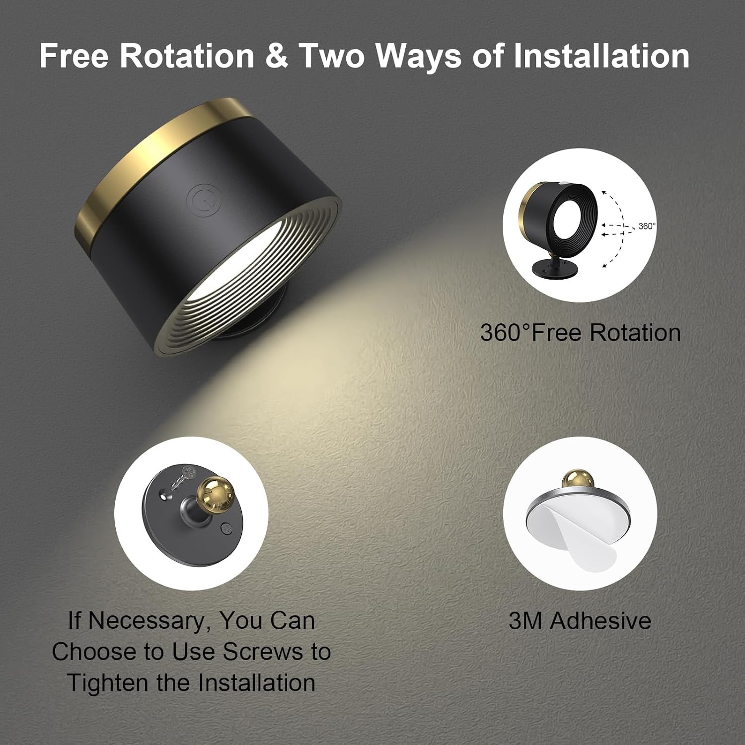 Rechargeable LED Wall Sconces Set of 2, Remote Control & 360° Rotation