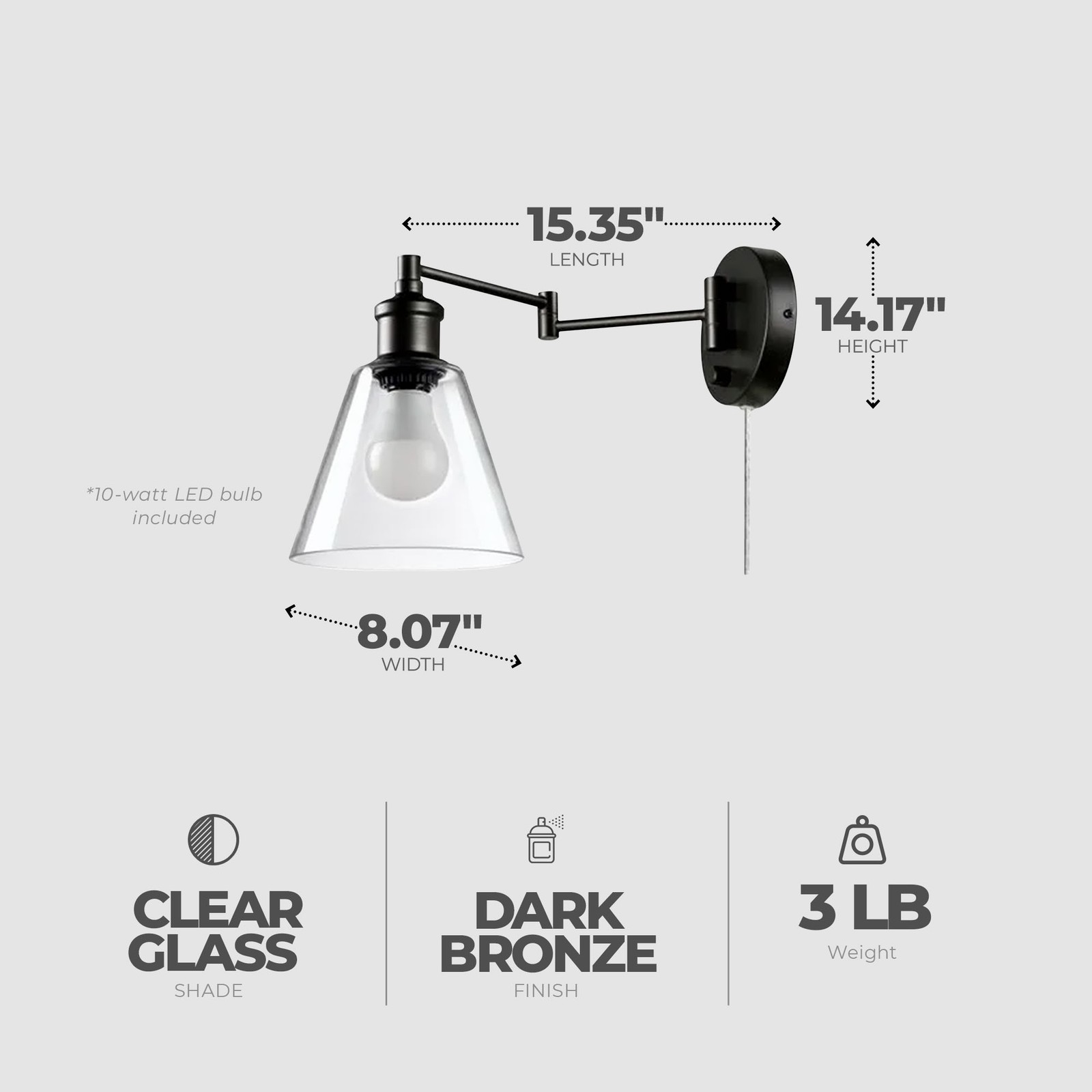 Globe Electric 10W LED Plug In Wall Sconce Clear Glass Shade & 6′ Cord(Open Box)