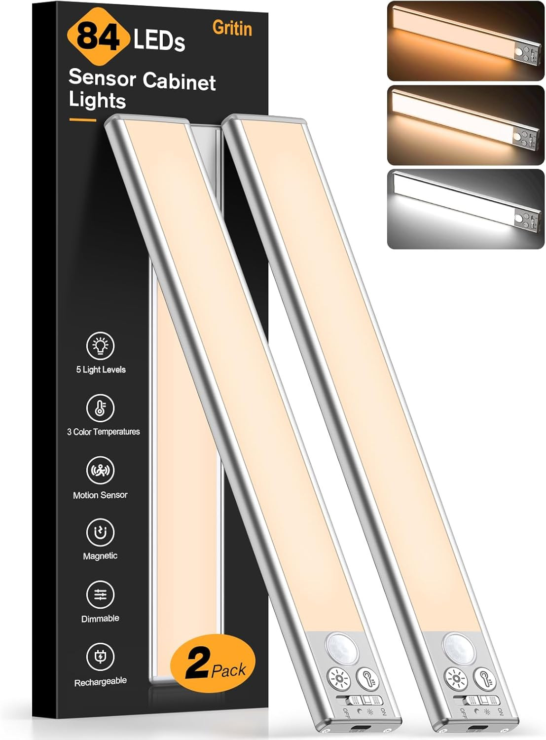 Gritin 10.2Inch under Cabinet Lighting Rechargeable -84 LED Super Bright,3-Color