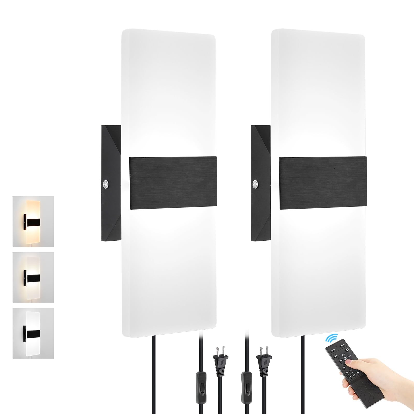 Plug in Wall Sconces with Stepless Adjustable 3000K-6500K Colors & 10%-100% Brig
