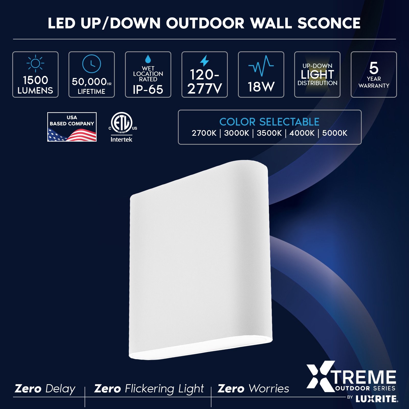Luxrite 5″ LED Up and Down Wall Light, 5CCT, IP65, CRI90, 18W 1500LM ETL 2PK