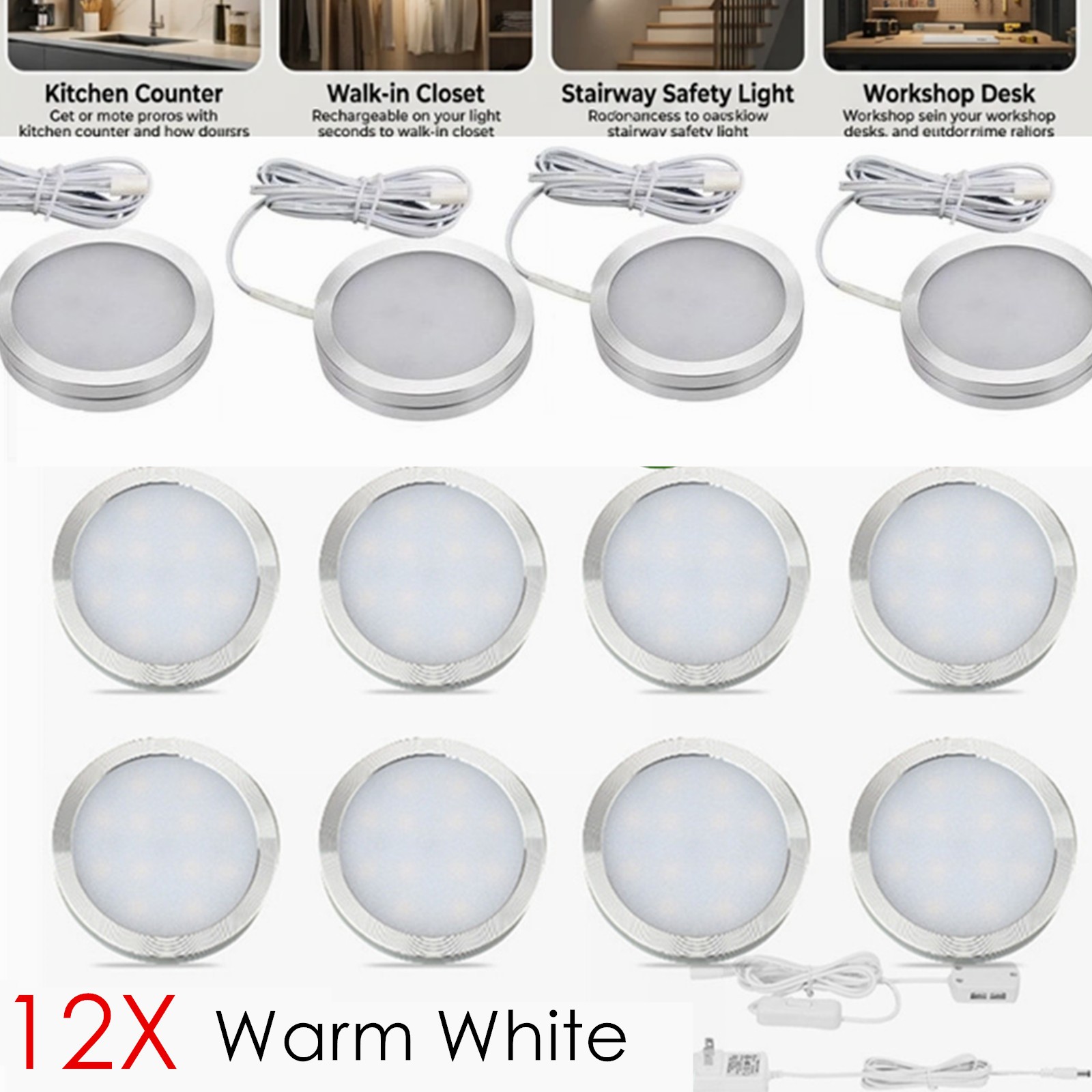 12PC Under Cabinet Lighting Kit LED Kitchen Closet Puck Lamp 3000K Warm White