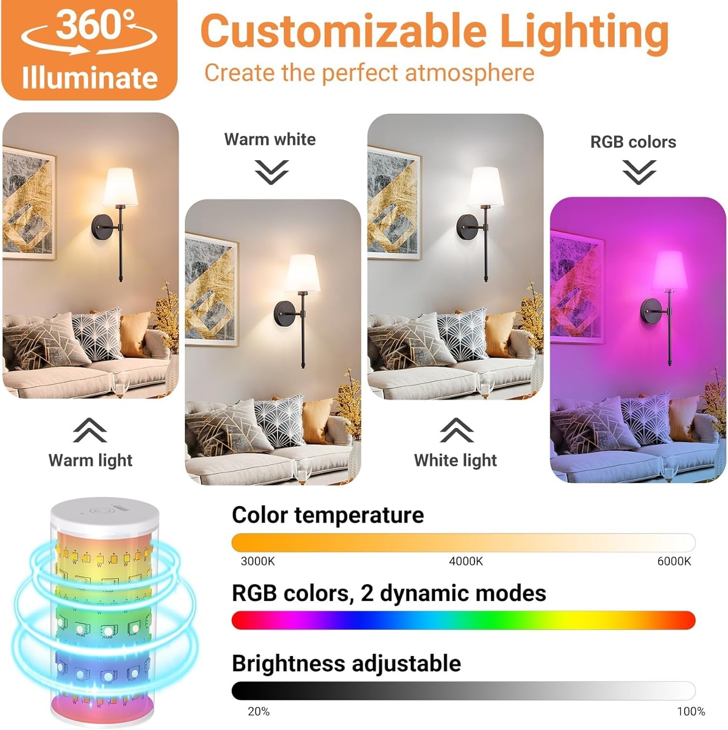 Set of 2 Wireless Wall Sconces Peel & Stick with Adhesives – Black | Brand New