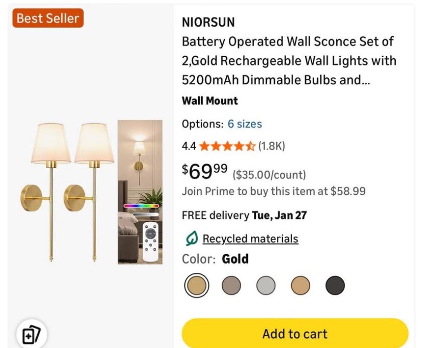Wall Sconce Set Of 2 Battery Operated Gold Rechargeable Dimmable
