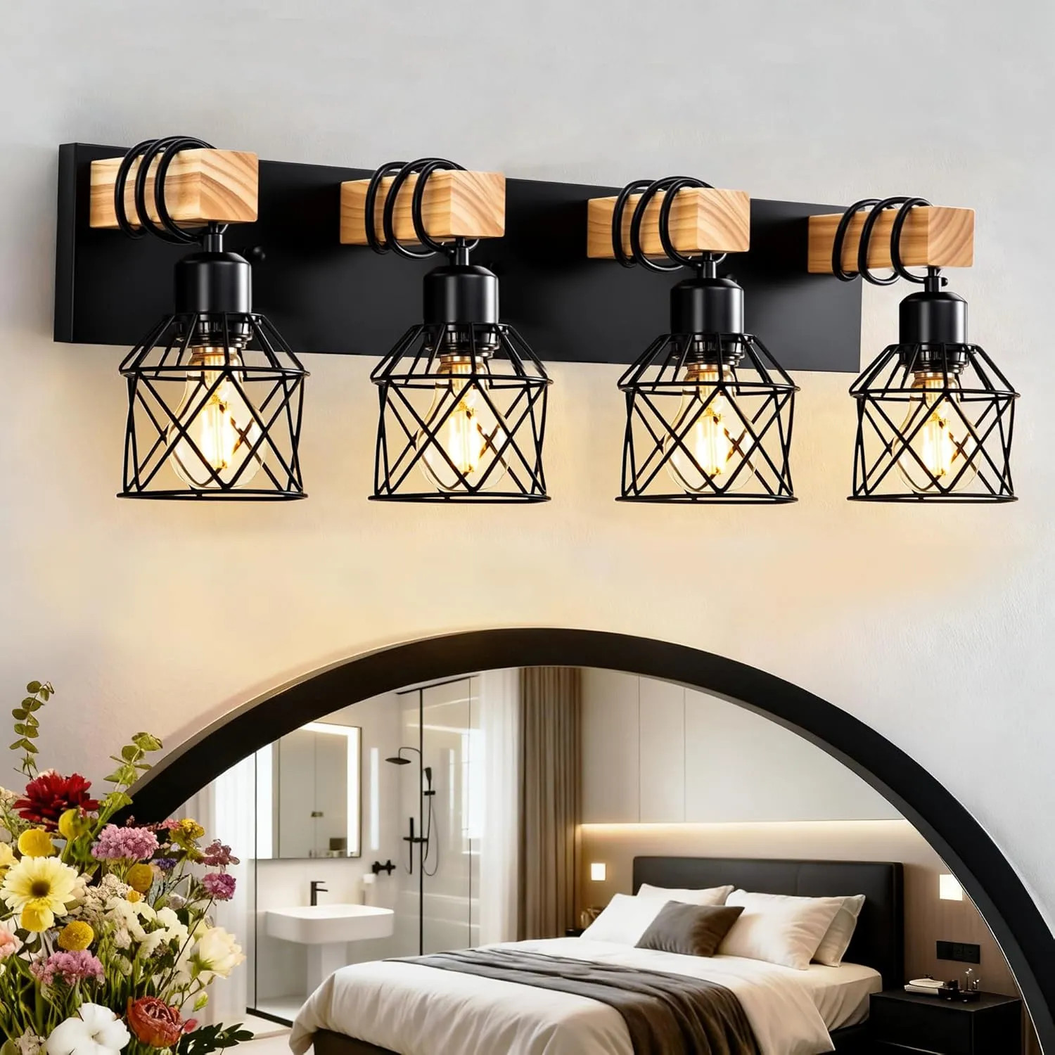 3 Light Bathroom Vanity Wall Lamp Rustic Wood And Black Metal Cage Farmhouse…