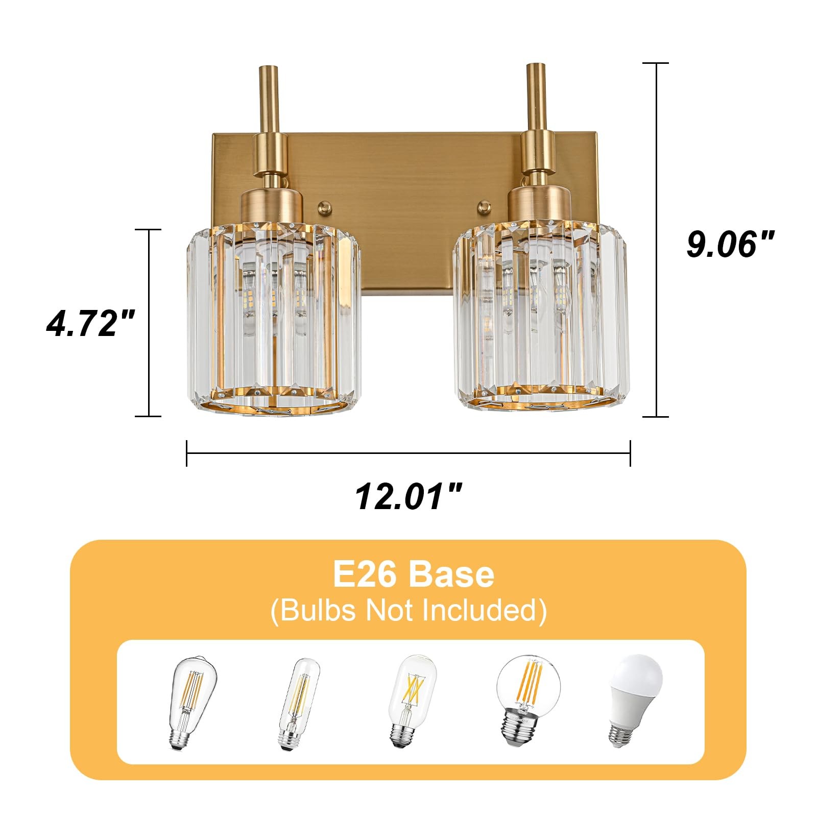 2 Light Modern Crystal Gold Vanity Light Fixtures for Bathroom Over Mirror