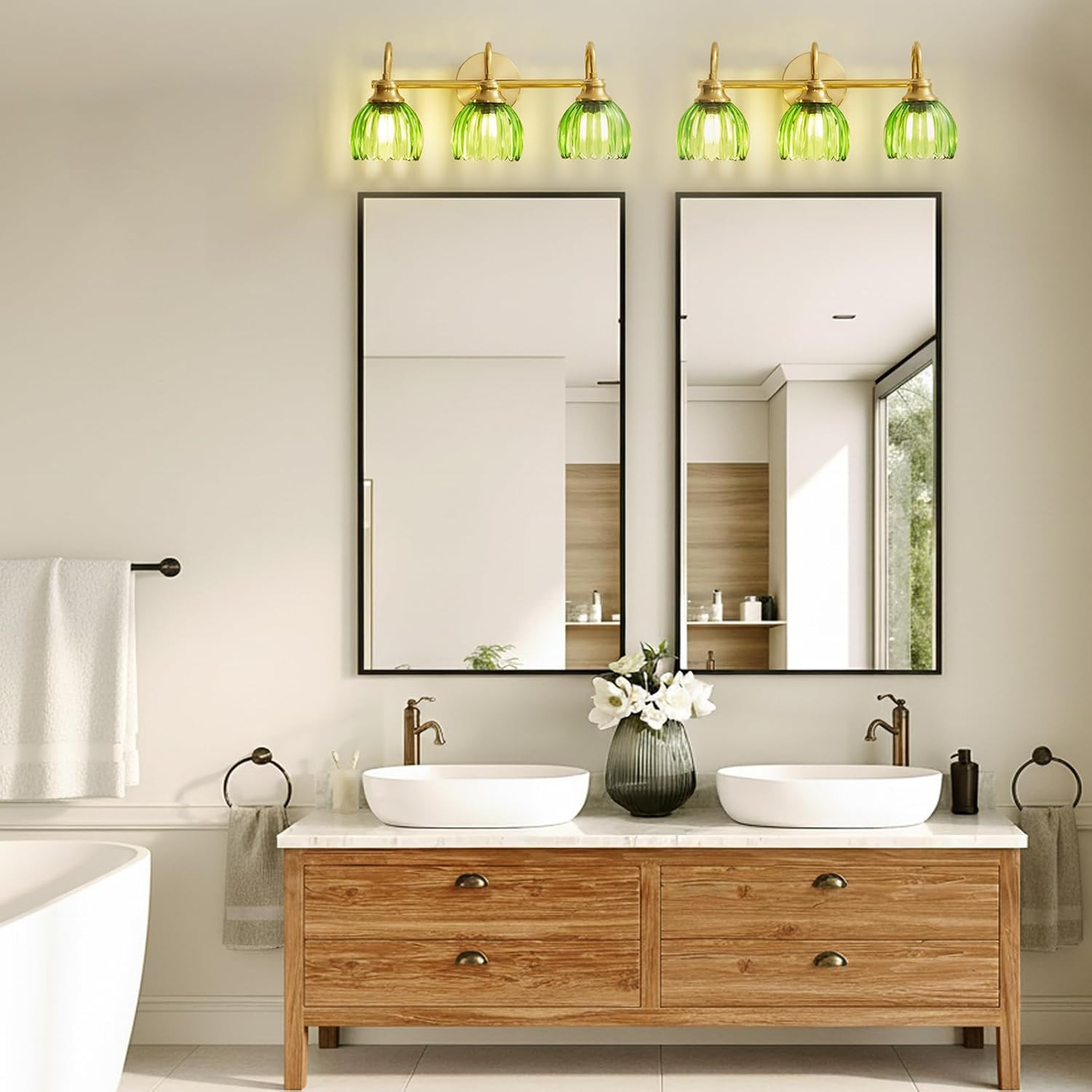 Vintage Bathroom Light Fixtures Gold, 3 Light Vanity Light with Green Glass Shad