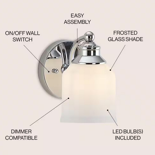JONATHAN Y Lydia 5.13 in. 1-Light Iron/Frosted Glass LED Chrome Vanity Light