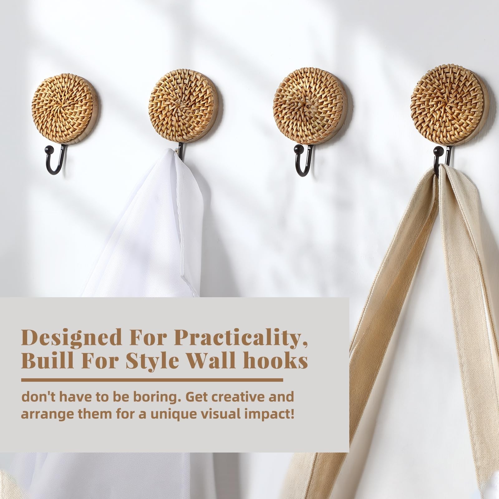 4 Pcs Boho Rattan Wall Towel Hooks Decorative Woven Hanging Holder Farmhouse …
