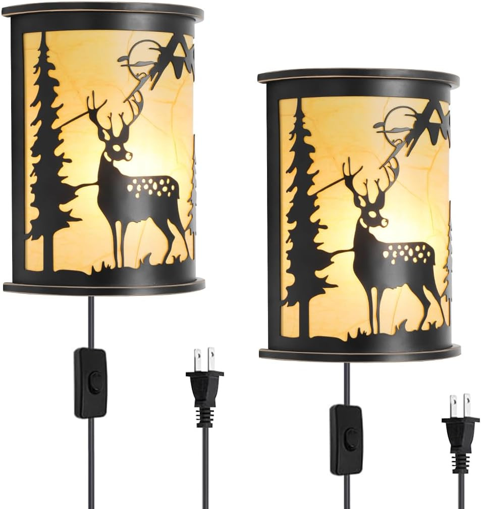 Rustic Deer Wall Sconces Set of 2 – Farmhouse Plug-In Light Fixtures