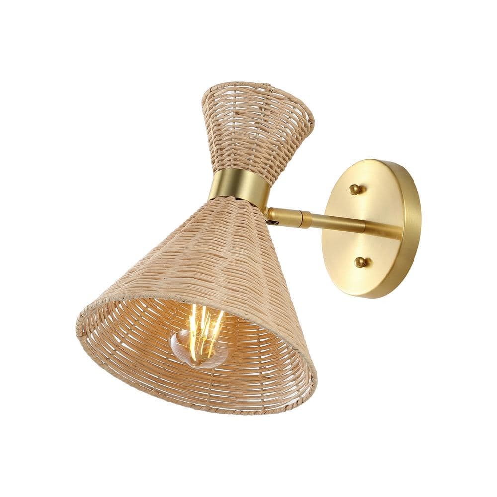 JONATHAN Y Zoey 10″ 1-Light Rattan Brass Wall Sconce Mid-Century Adjustable