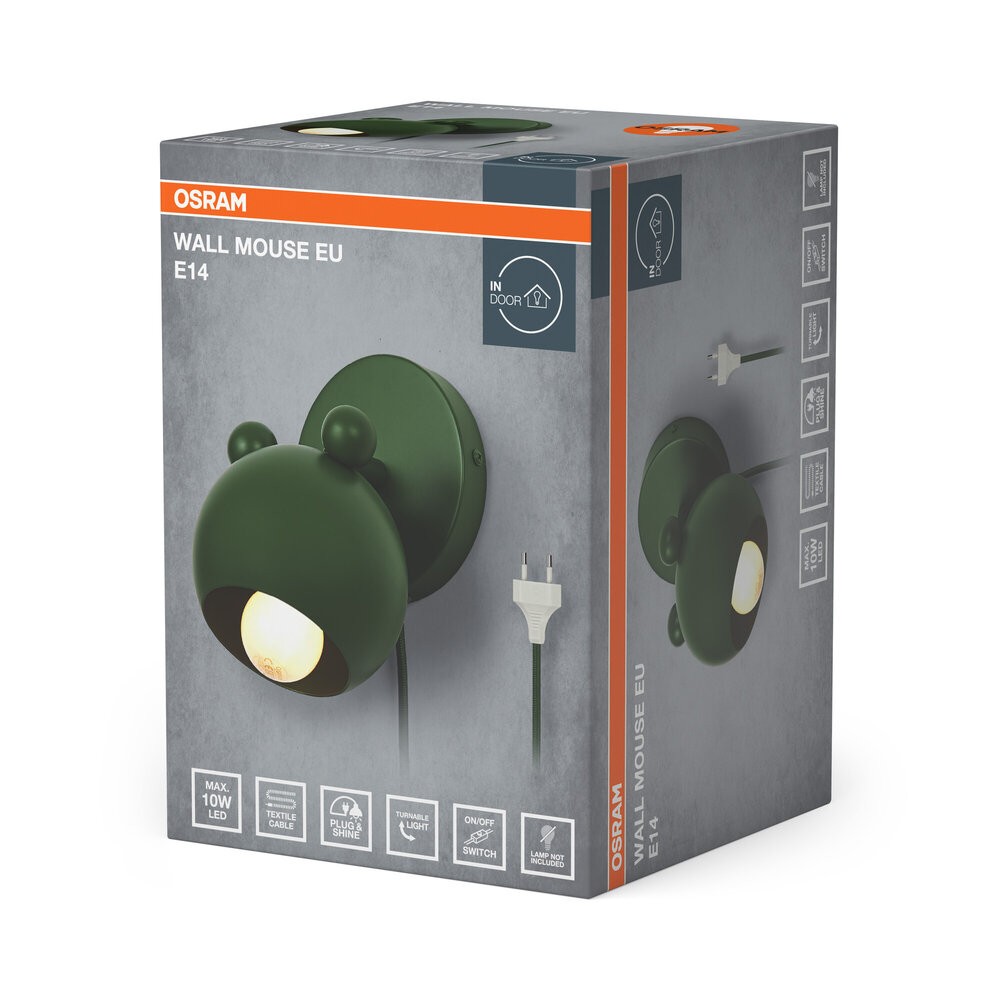 Osram Wall Light Wall Mouse E14 Green Metal Textile Cable Adjustable EU Plug