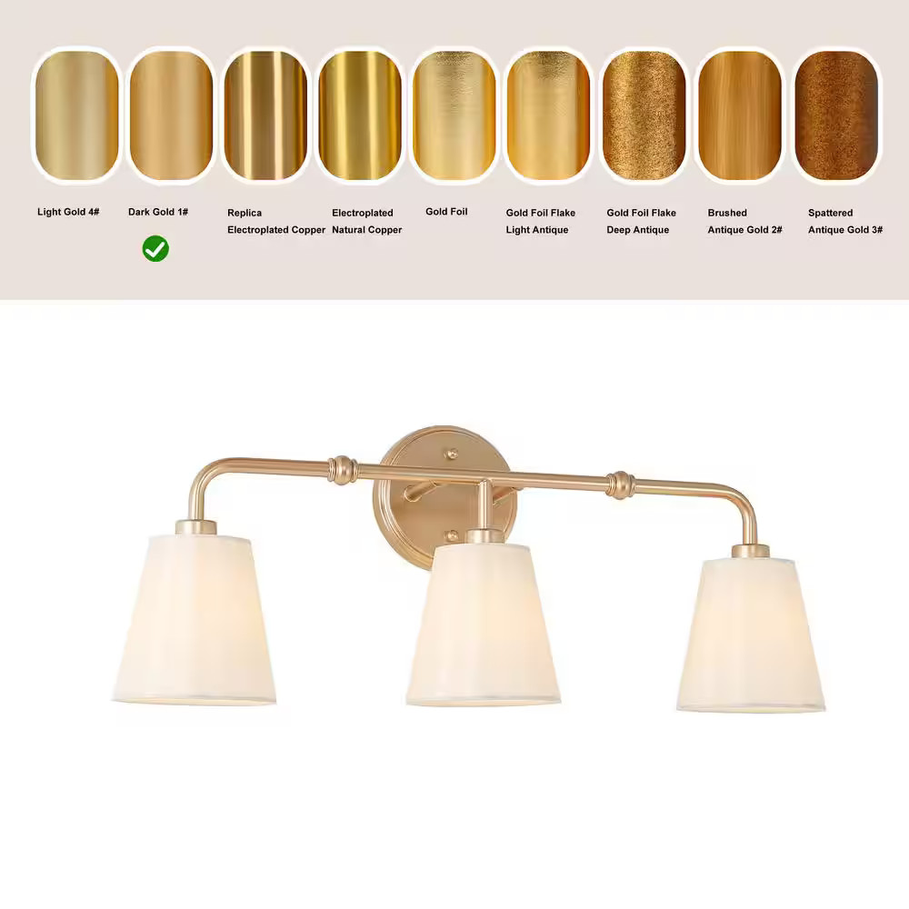 Uolfin Modern Farmhouse 3-Light Gold Vanity Sconce 23.5in w/ Fabric Shades