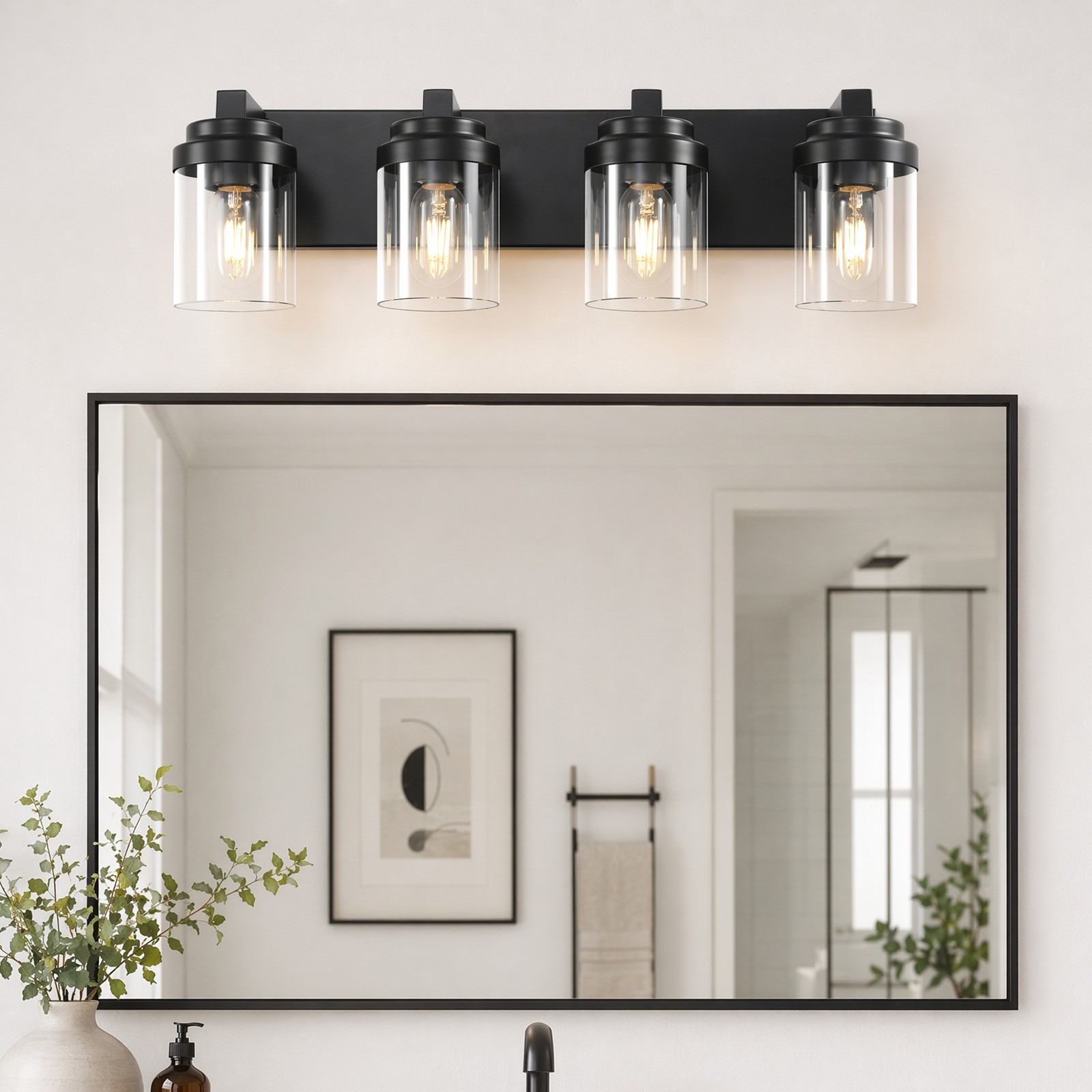 24» LED Vanity 4 Light Glass Shade Bathroom Mirror Wall Sconce Black Fixture