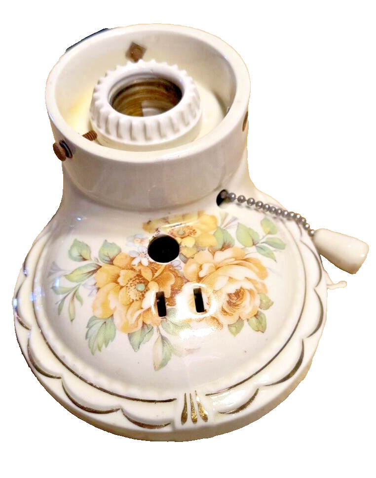 Vintage Porcelain Art Deco Wall Lamp Flowers Gold Trim Original Pull Chain