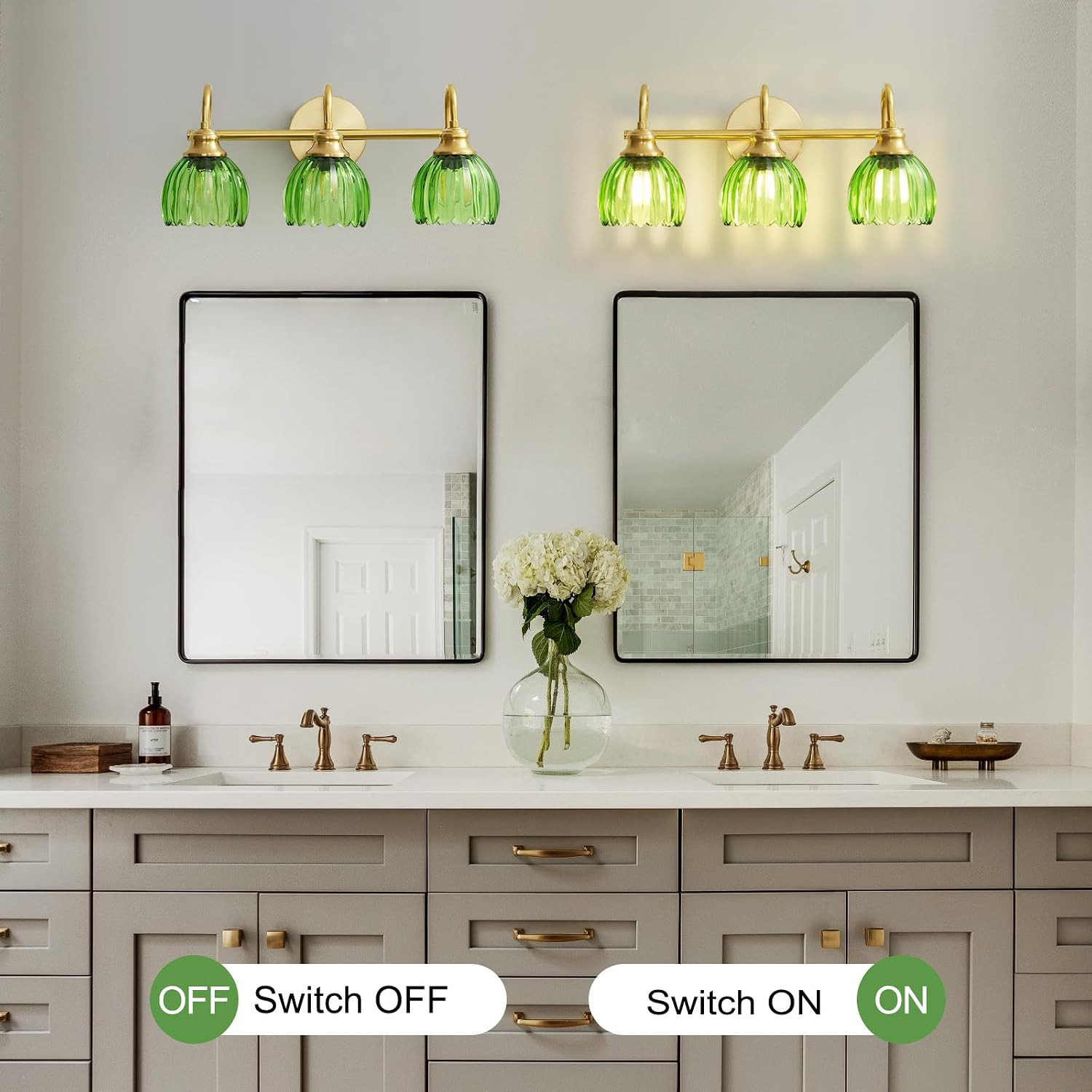 Vintage Bathroom Light Fixtures Gold, 3 Light Vanity Light with Green Glass Shad