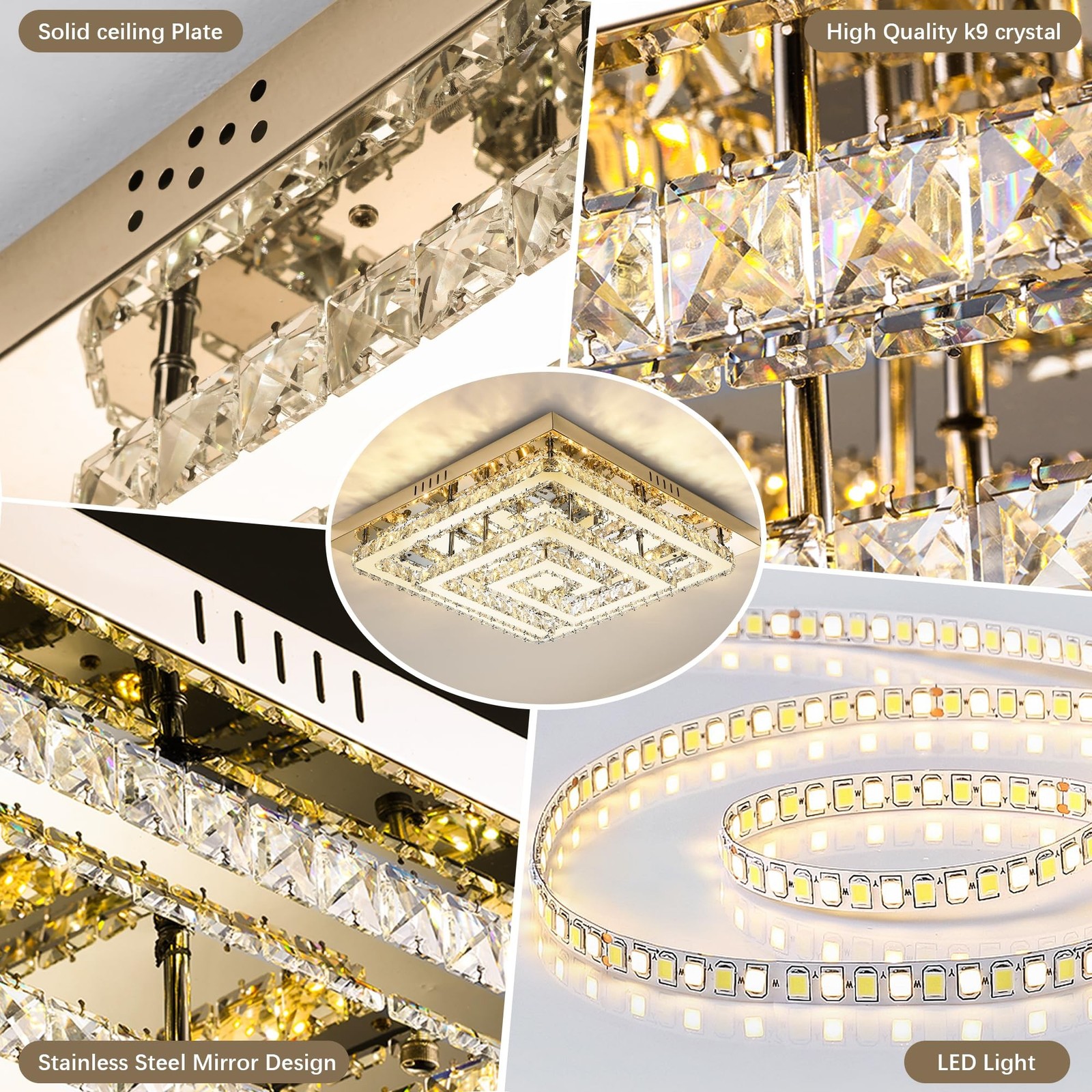 34″ Modern Gold Crystal Chandelier with Remote/App Control, Dimmable Flush Mo…