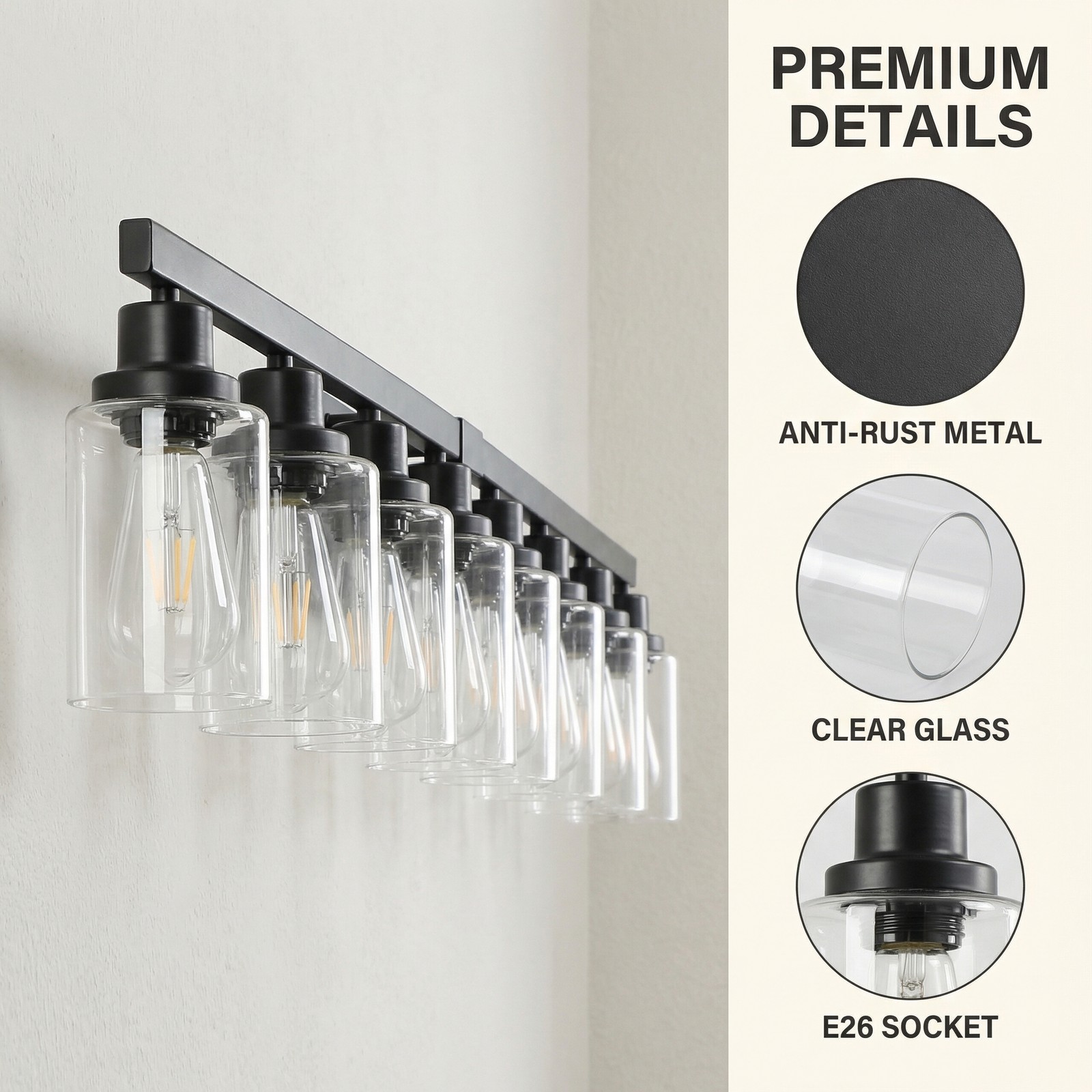 Vanity Light 51 inch Modern Black 8-Lights Wall Sconce Bathroom Mirror Fixture