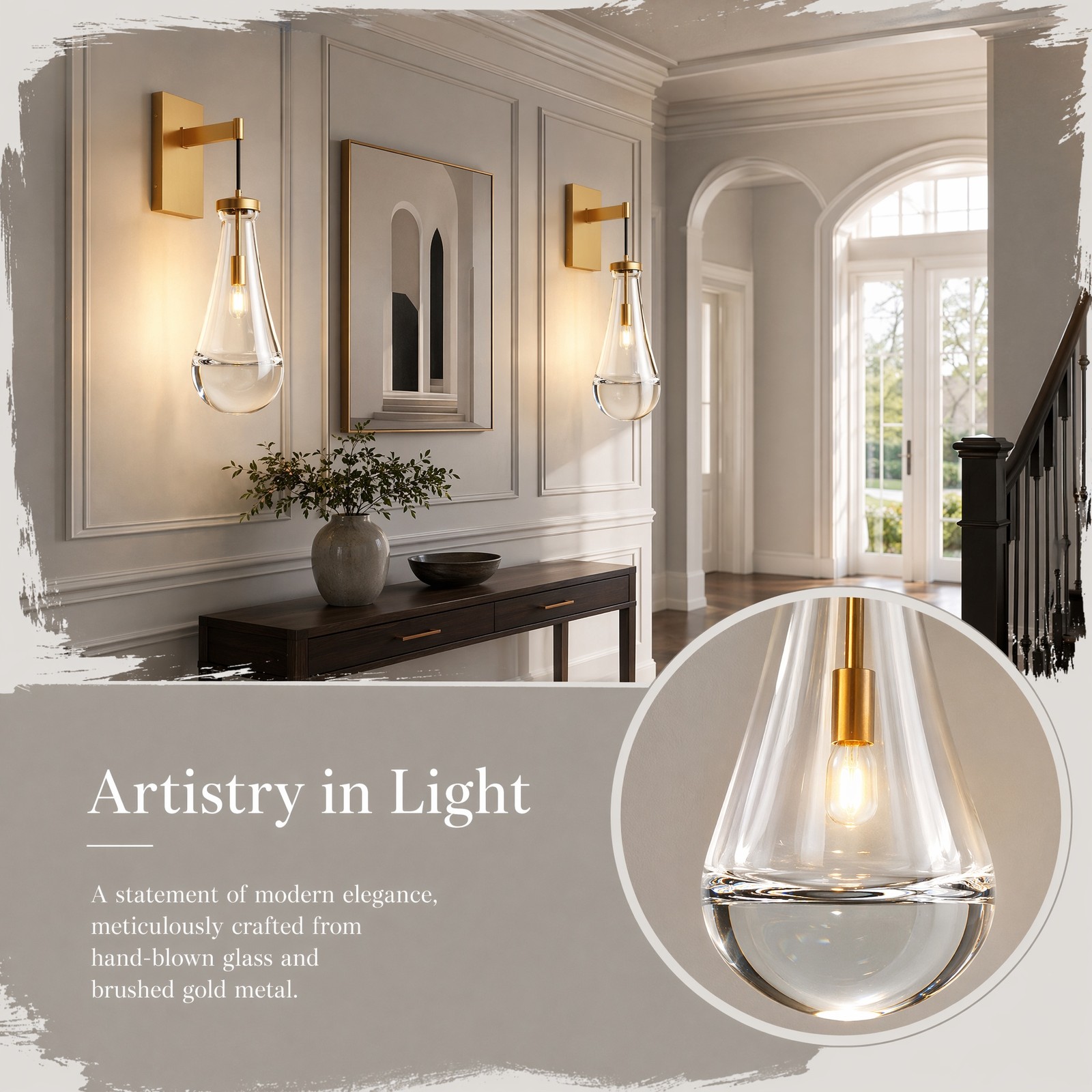 2 Pack 18» LED Wall Light Indoor Raindrop Glass Dimmable Sconce Gold Fixture
