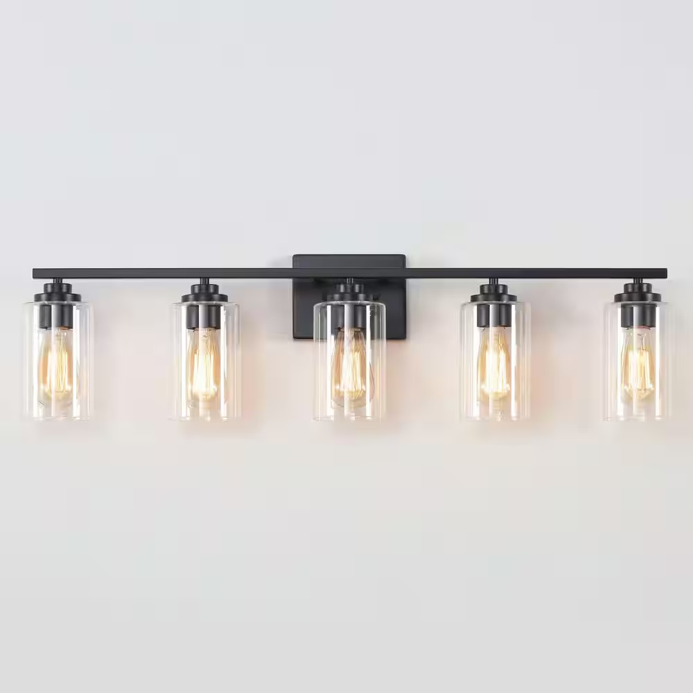 35 In. 5-Light Black Vanity Light with Clear Glass Shade