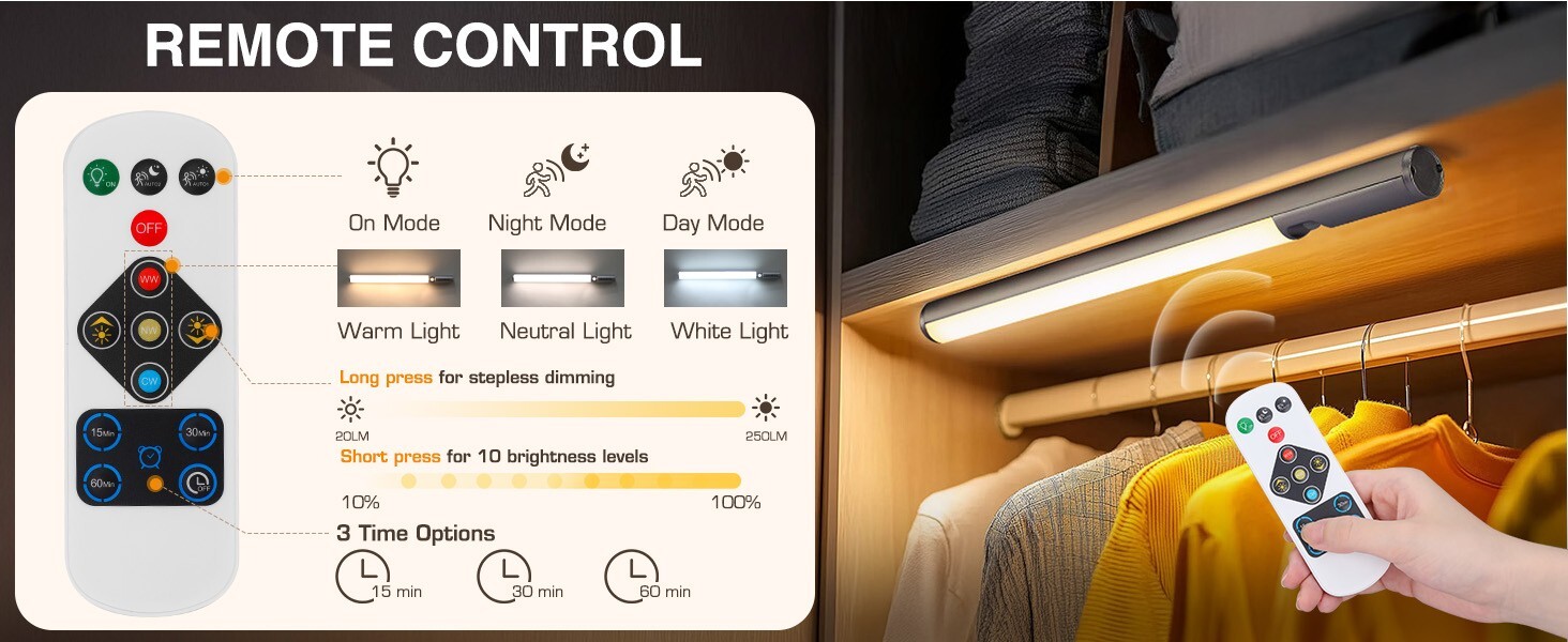 Under Cabinet Lighting Remote Control Motion Sensor 3 Color Temperatures