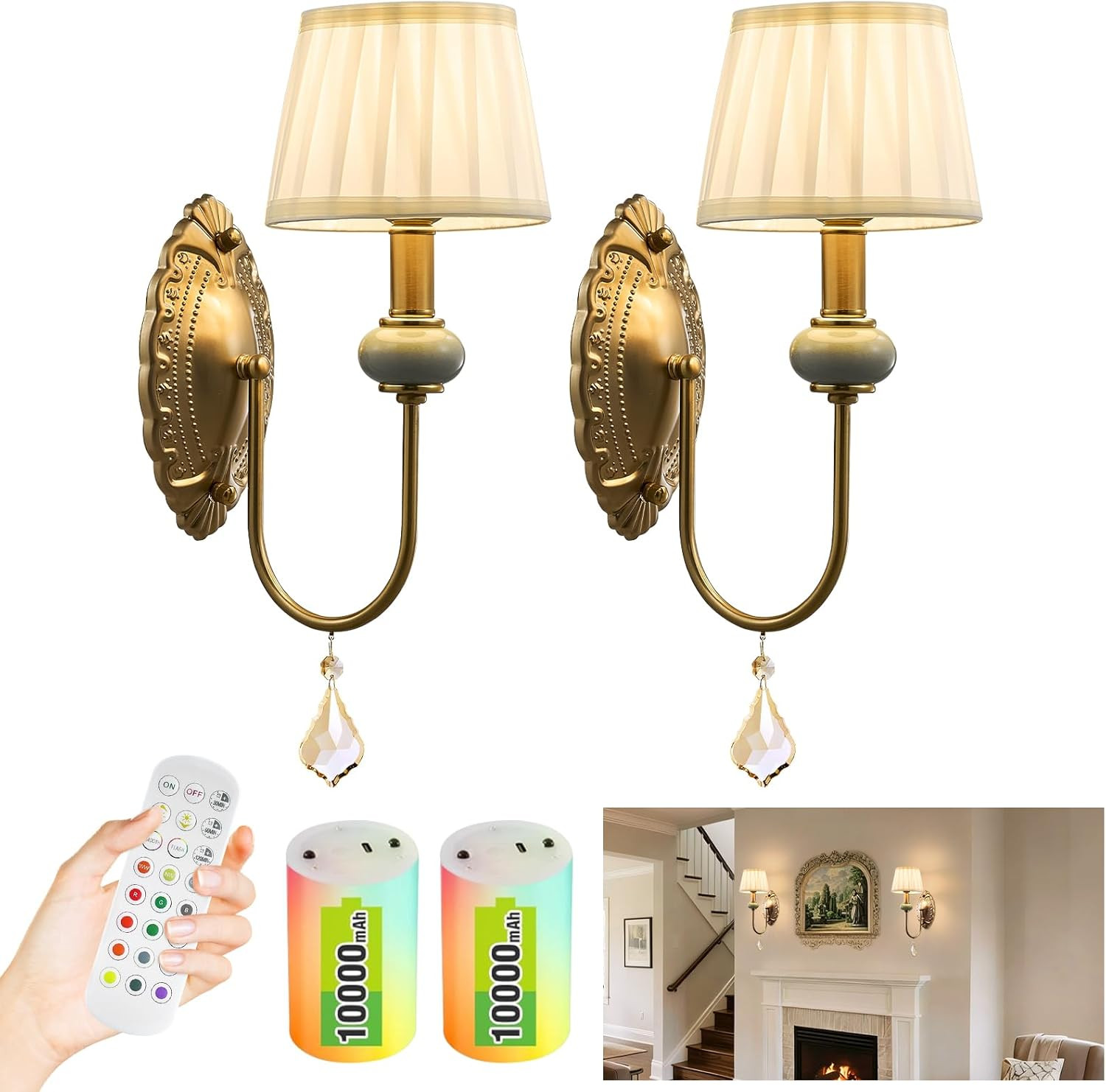 Antique Brass Wireless Wall Sconces Set of 2 with RGB Dimming and Remotes
