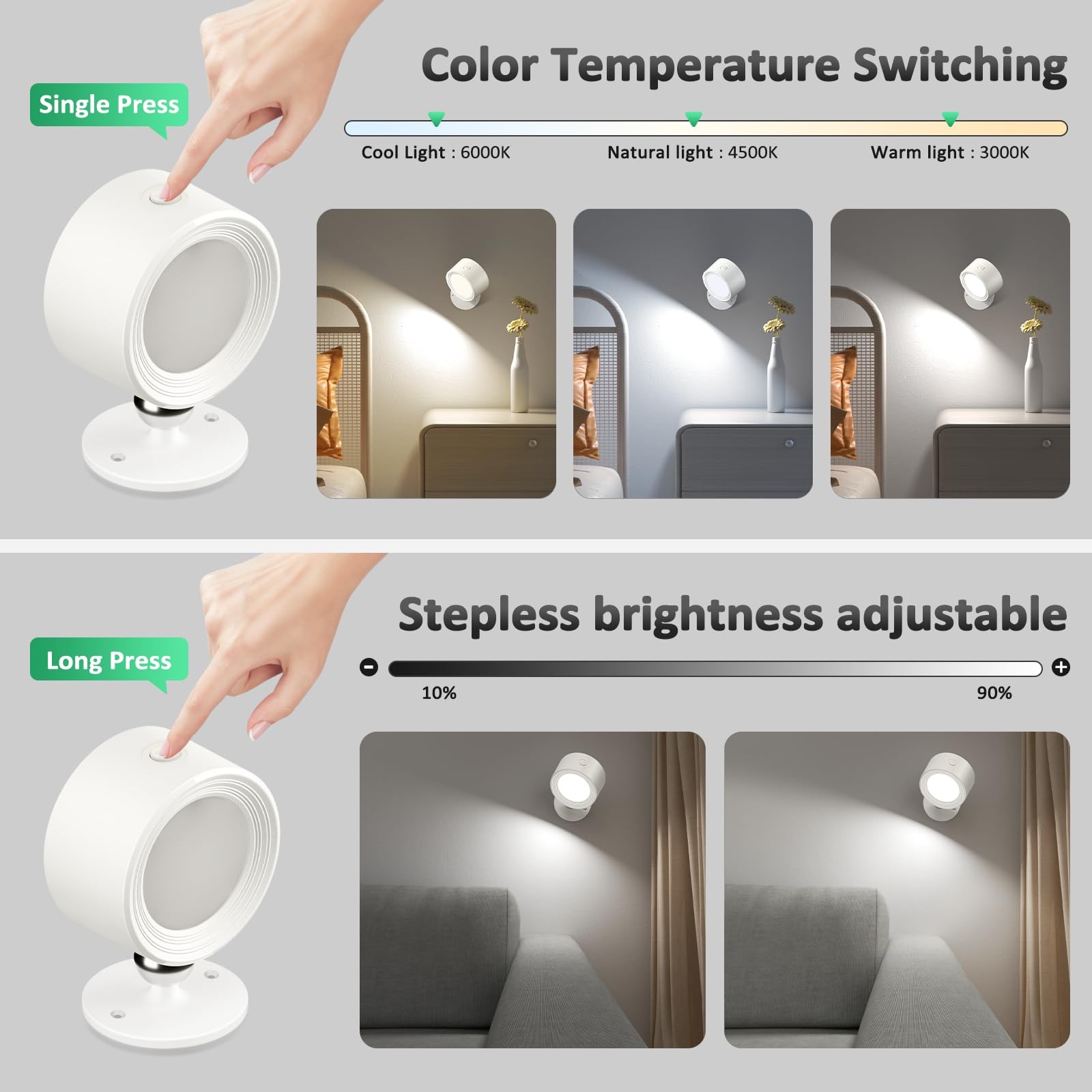 LED Wall Lights 3000mAh Rechargeable Battery – Remote Control, Dimmable, 3
