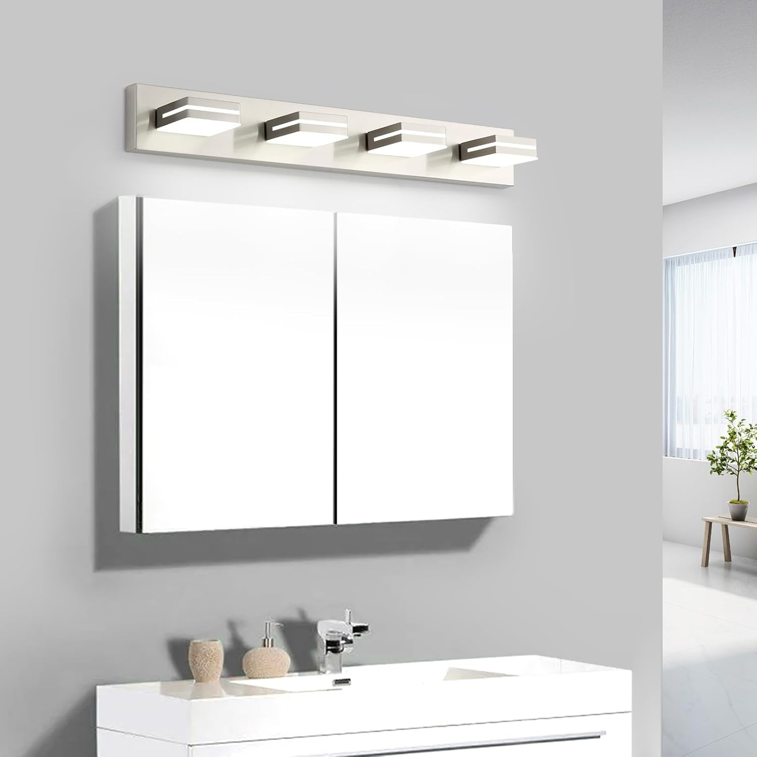 4 Light Bathroom Vanity Light Brushed Nickel Modern 32W LED Dimmable Vanity Ligh