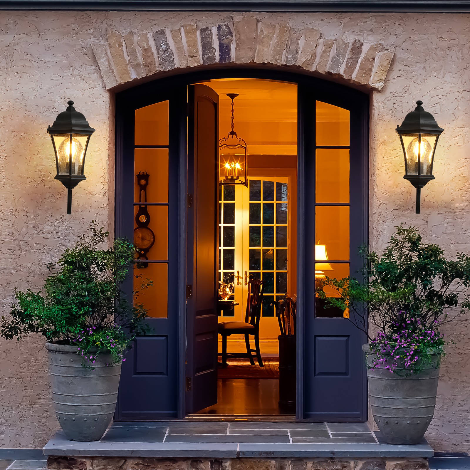 2 Pack 20″ Outdoor Wall Sconce Light Sensor Black Lantern Fixture Dusk to Dawn