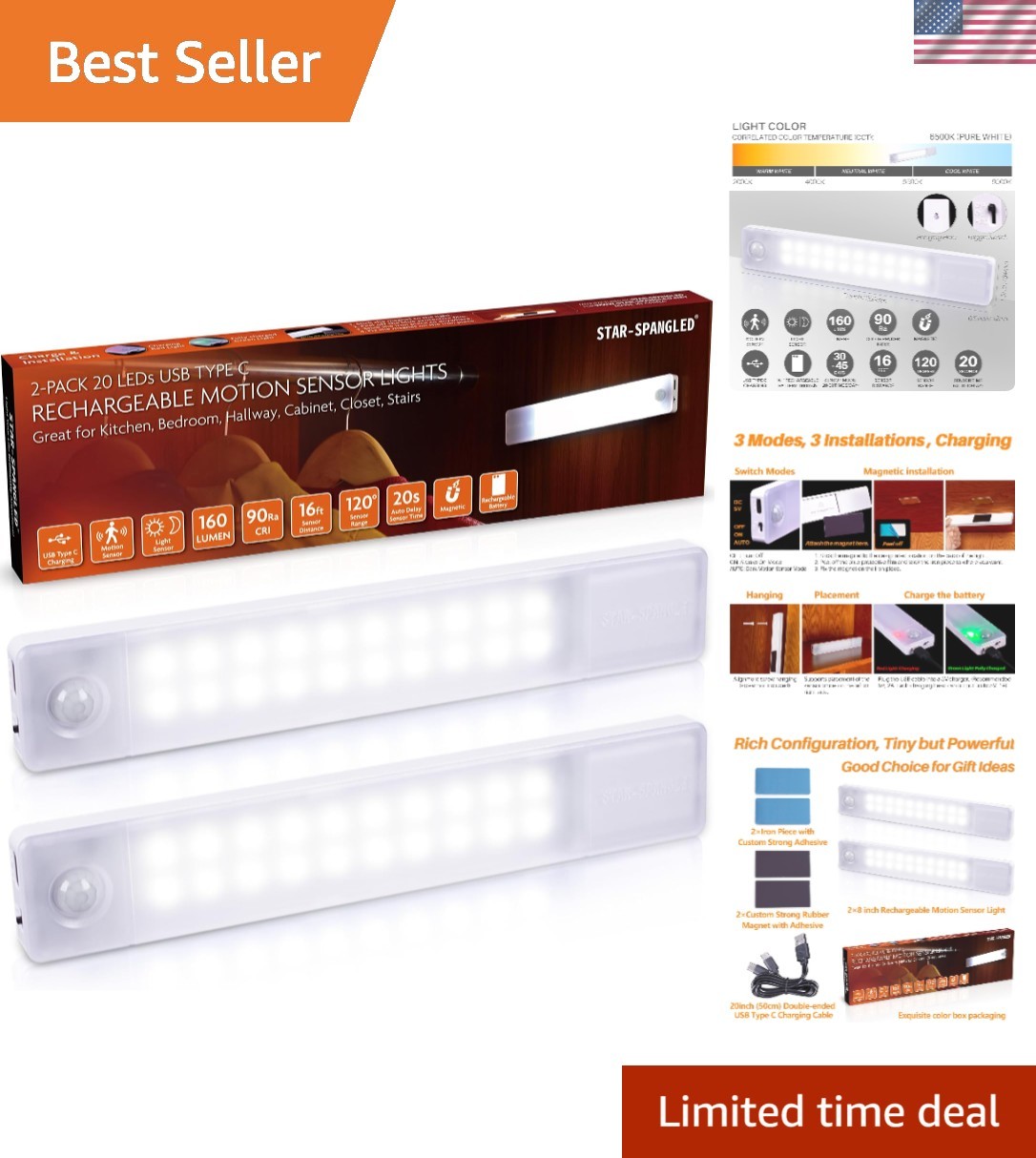 LED Magnetic Closet Lighting – 8 Inch Rechargeable Motion Sensor Lights, 2 Pack