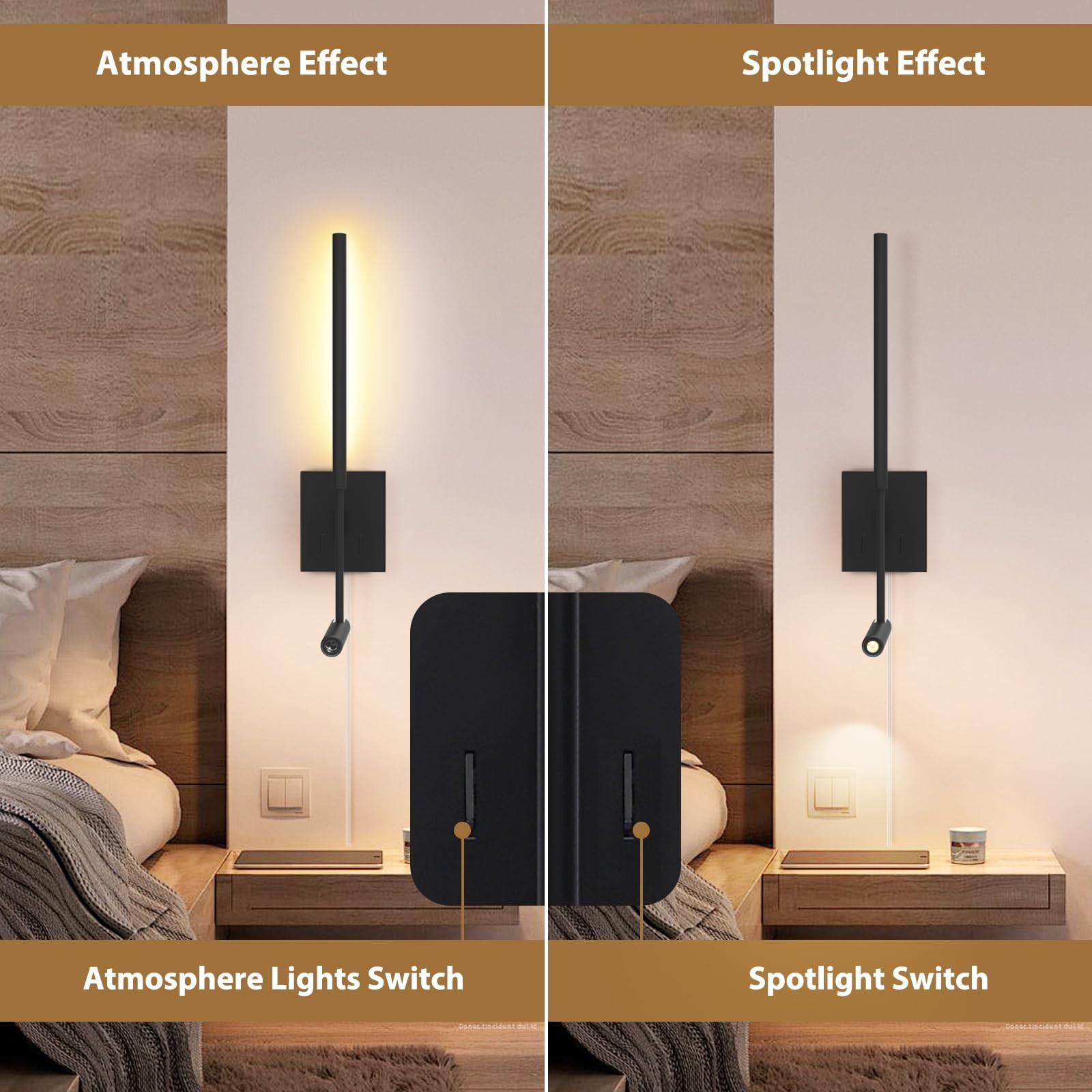 ZEROUNO Modern Plug In Wall Sconce Indoor Wall Light Set Two Bed, Corded