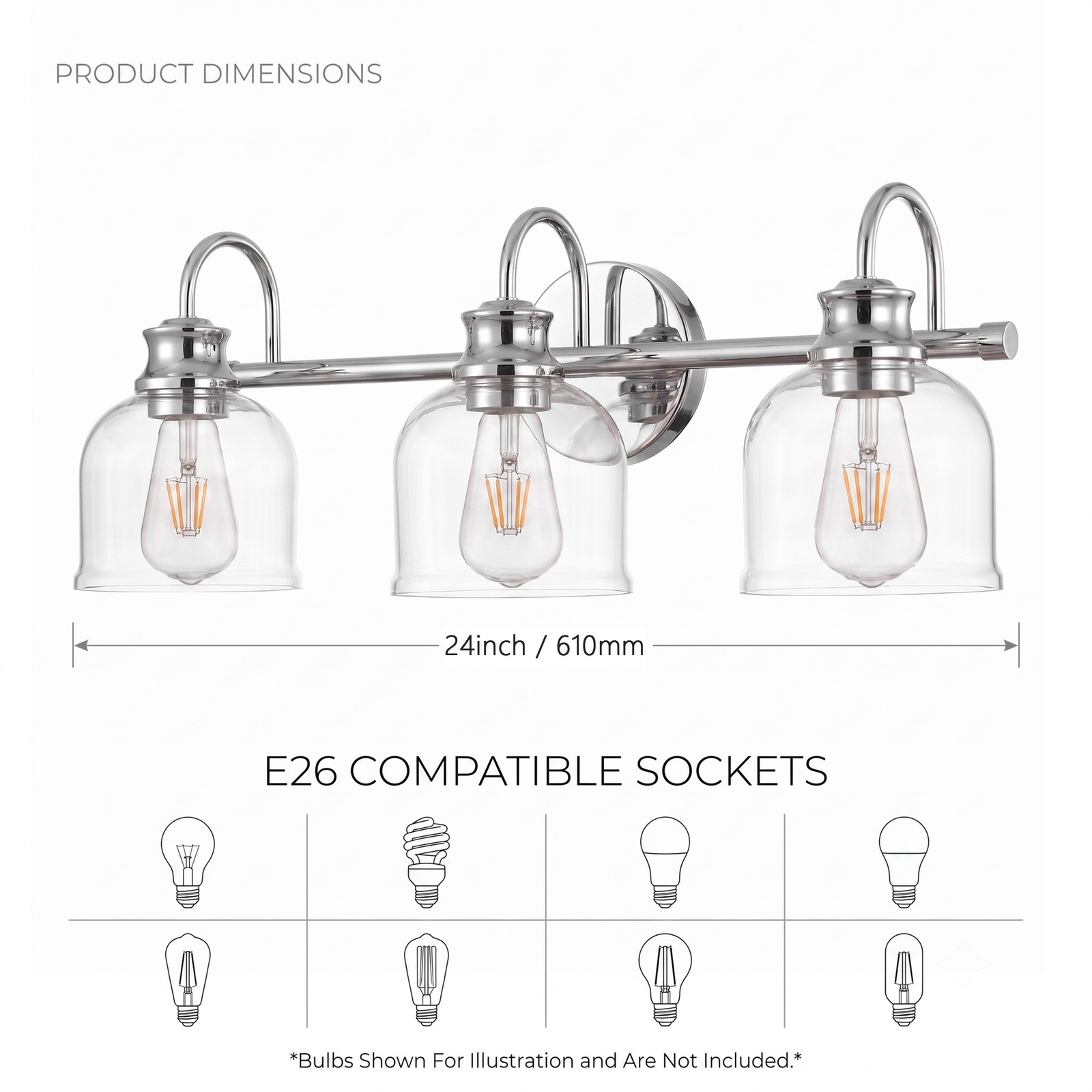 24″ 3-Light Bathroom Vanity Light,Polished Chrome Wall Sconce w/Clear Bell Glass