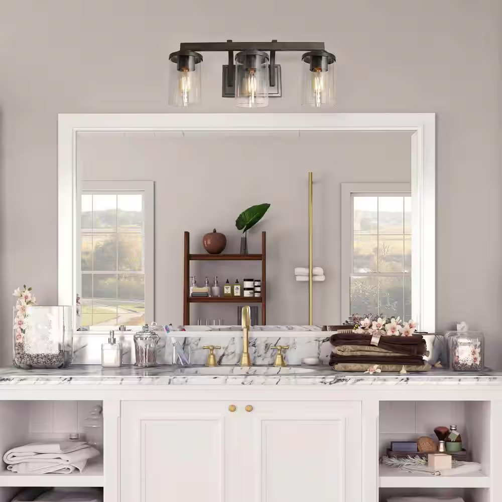 LNC A03409 20in 3-Light Farmhouse Vanity Light Rust Black Faux Wood Clear Glass
